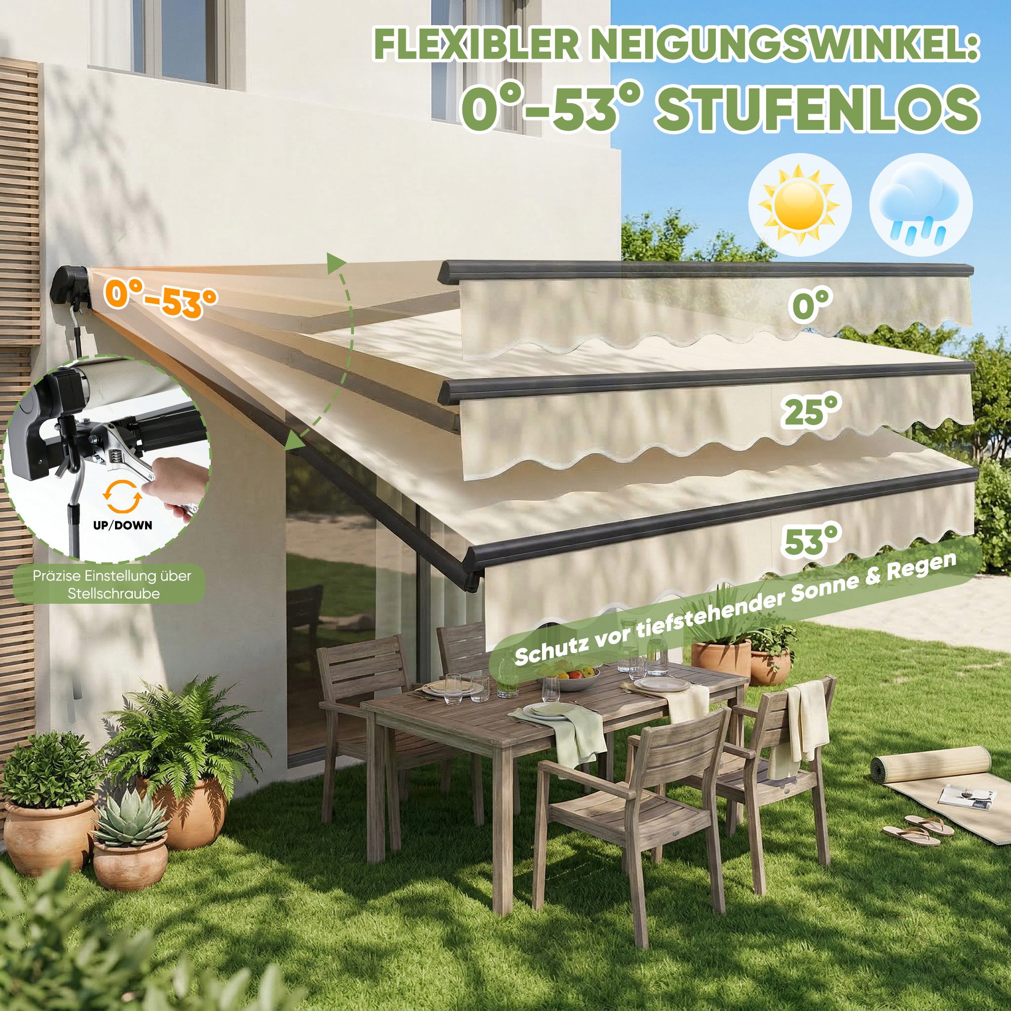 Sekey Gelenkarmmarkise Markise mit Handkurbel Balkon Sonnenschutz verstellbar Aluminium Sonnenmarkise manuelle, Wetterfest,250 × 200 cm, Beige