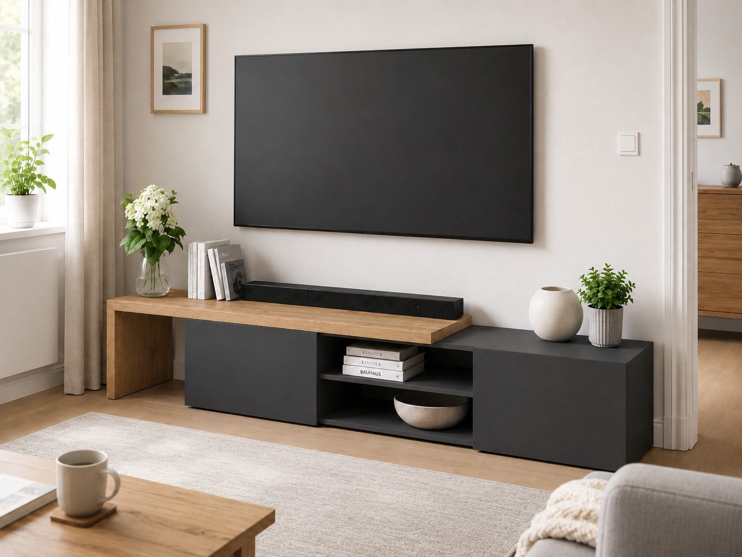 OTTO home Lowboard New Garda,Lowboard mit Aufsatz,TV-Board mit Ausatz,TV-Schrank-Tv Bank (1 St), Breite verstellbar v. 183 bis 310 cm,2 Klappen und L-Förmiger Aufsatz