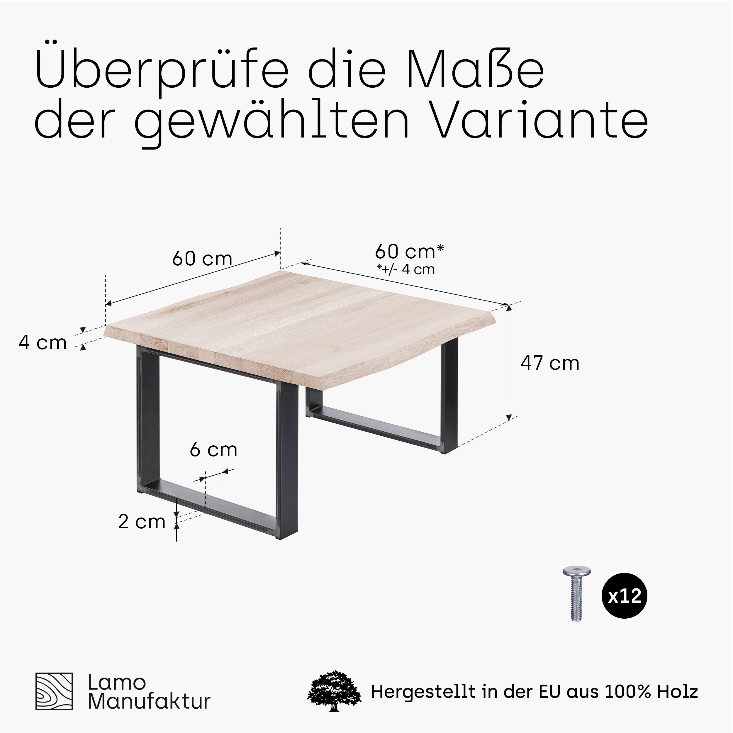 inkl. massiv Rohstahl (1 Manufaktur Metallgestell mit Modern Massivholz Esstisch Baumkantentisch | LAMO Roh Tisch), Baumkante Klarlack
