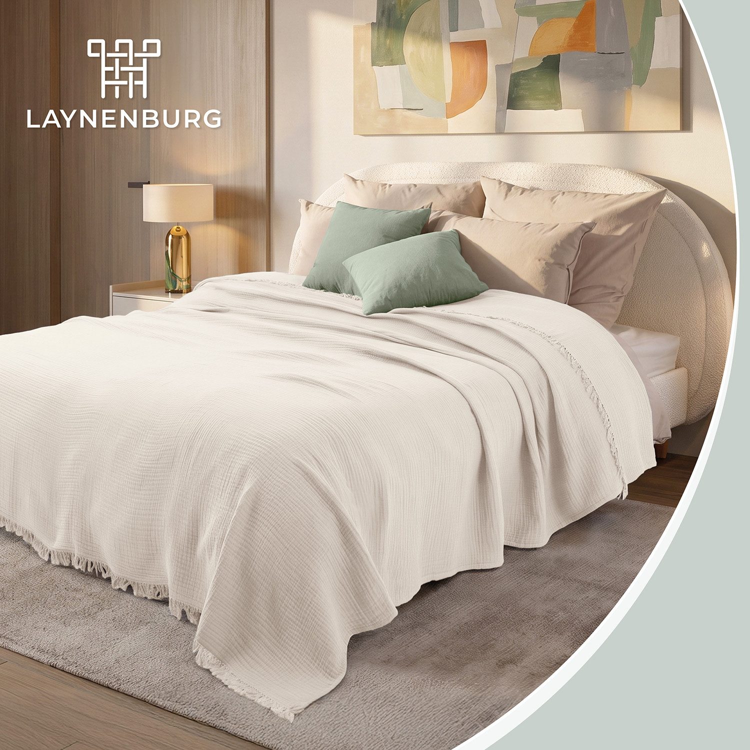 Laynenburg Tagesdecke Musselin mit Fransen aus 100% Baumwolle – Baumwolldecke, Wohndecke als Sommerdecke, Bett-Überwurf, Sofa-Decke, Kuscheldecke – Bild 2 von 5