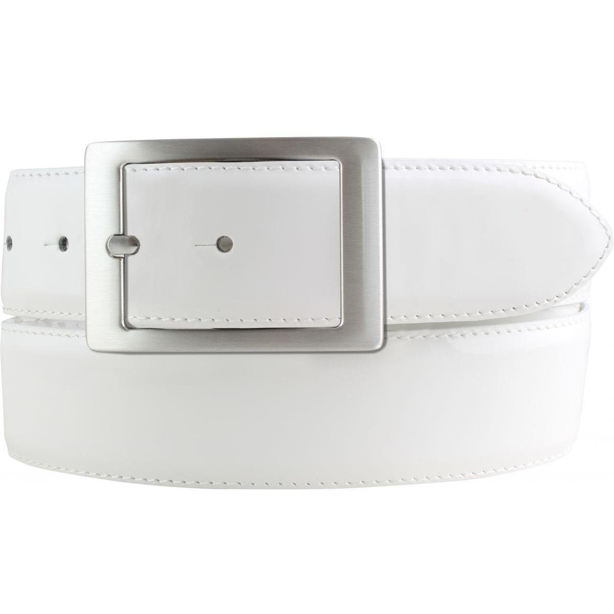 BELTINGER Ledergürtel Lack-Gürtel aus Leder mit Doppel-Schließe 4 cm - Glänzender Ledergürte Weiß, Silber