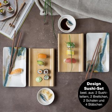 Moritz & Moritz Tafelservice Moritz & Moritz Gourmet - Sushi Set 10 teilig Marmor grün / Gold (8-tlg), 2 Personen, Geschirrset für 2 Personen