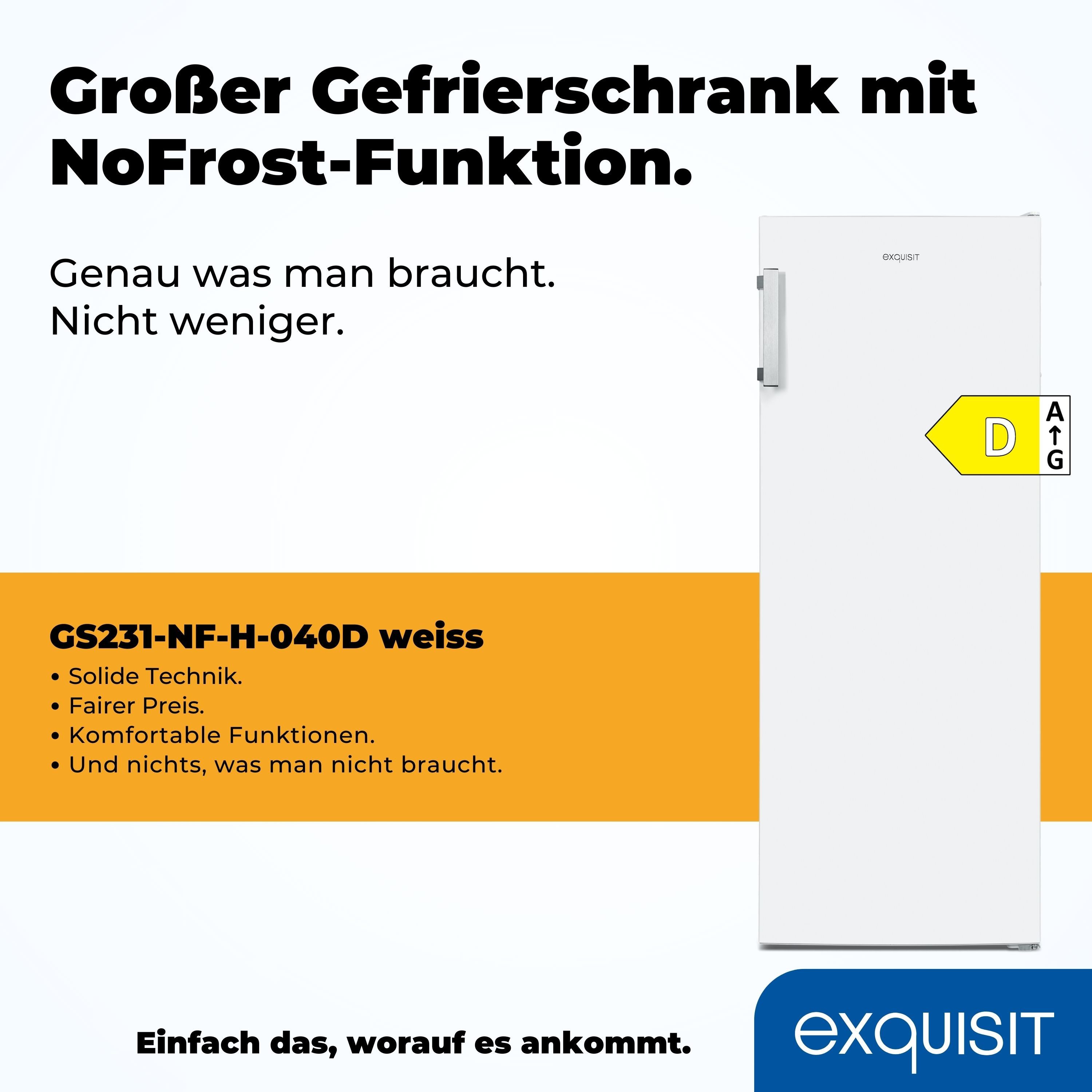 exquisit Gefrierschrank GS231-NF-H-040D weiss, 143 cm hoch, 54 cm breit, 161 Liter Nutzinhalt, NoFrost, Schnellgefrieren