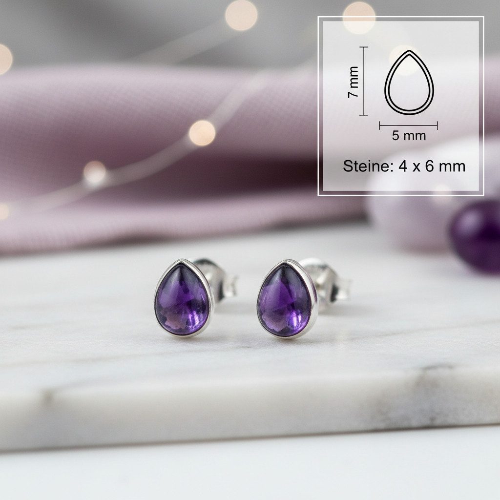 mantraroma Paar Ohrstecker SAMA Tropfen aus 925 Silber mit Amethyst (Paar, Paar Ohrringe mit Schmuckbeutel), 925 Sterling Silber Ohrringe für Damen