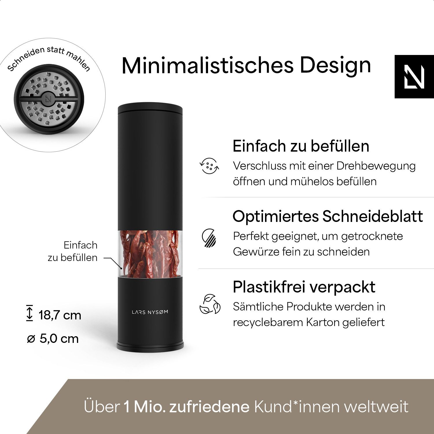 LARS NYSØM Gewürzmühle Lagom Chili, (1 Stück), hochwertiges Schneideblatt aus Edelstahl perfekt für Chili – Bild 4 von 5