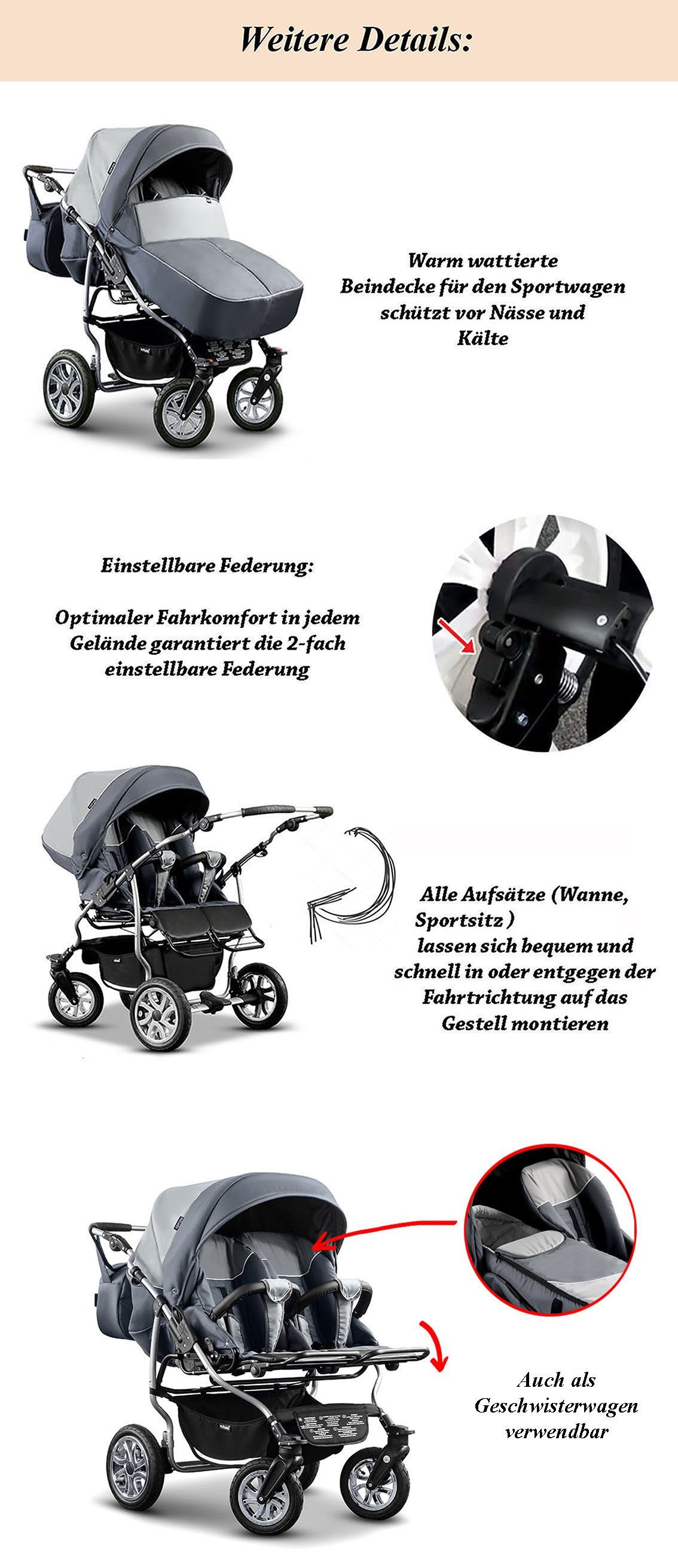 Elcar Schwarz-Silver Zwillings-Kombikinderwagen Duet Zwillingskinderwagen in in 14 20 - Farben - 1 Teile 2