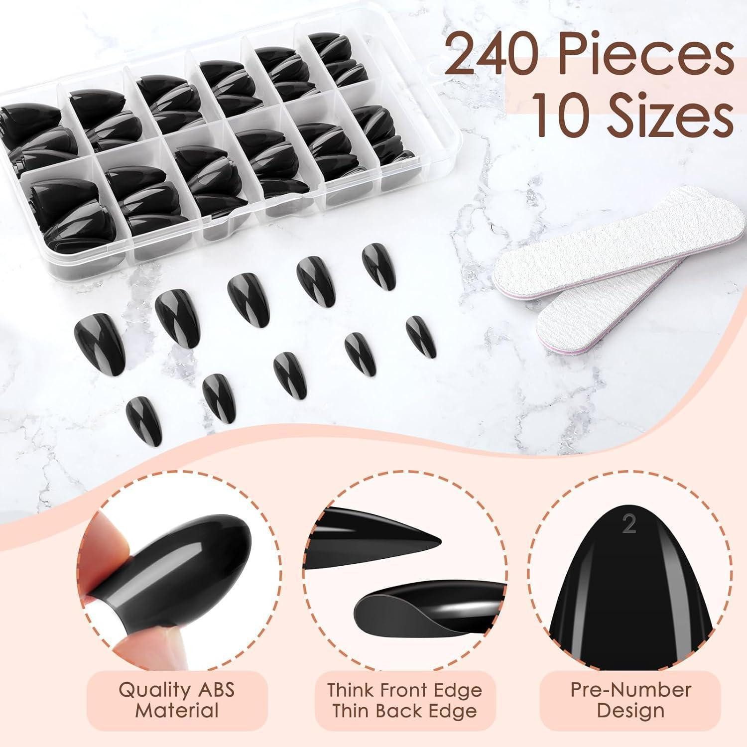 LuxusKollektion Kunstfingernägel Falsche Nägel Press On Nails Acryl Kurz Mandel 10 Mandel-Schwarz
