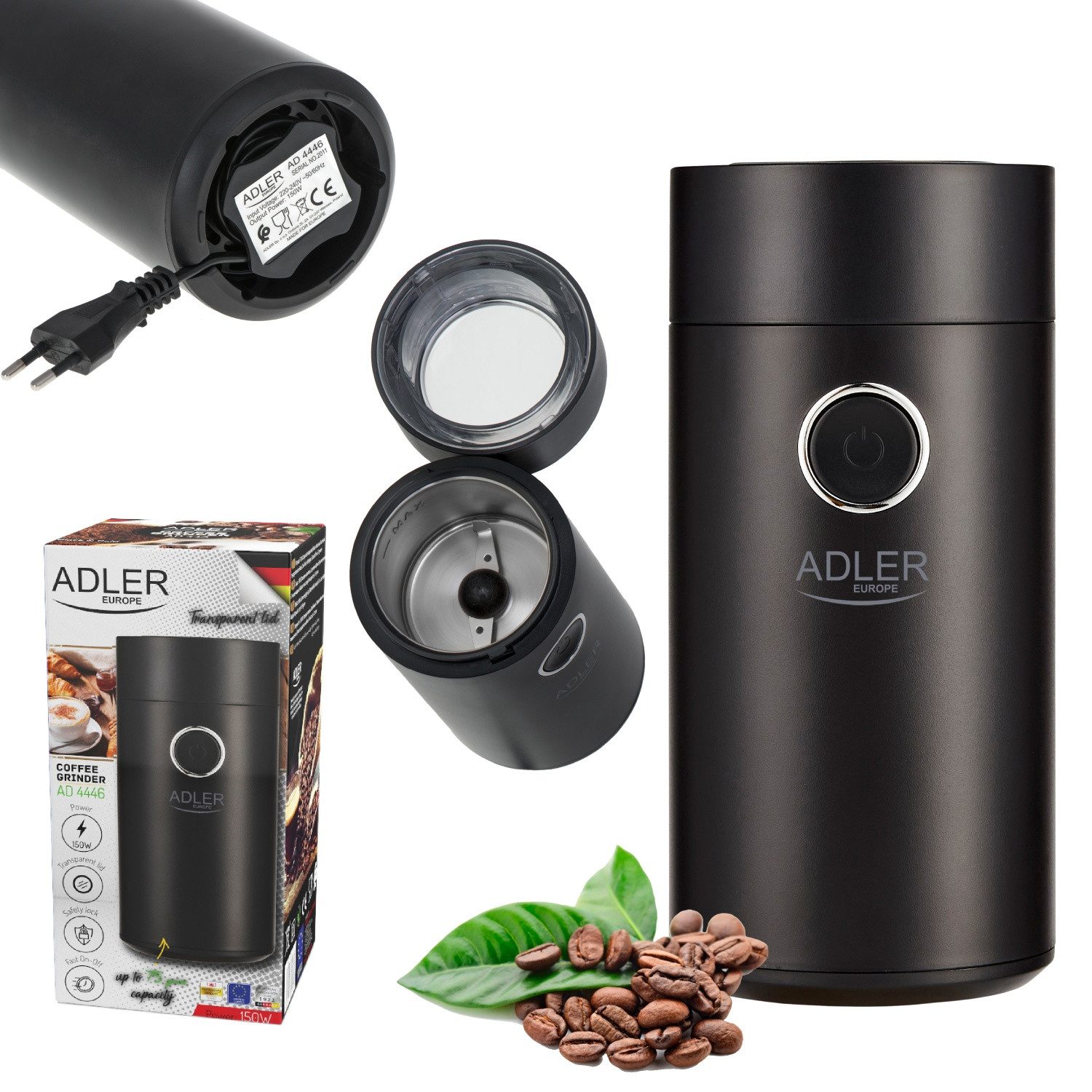 Adler Kaffeemühle Adler Kaffeemühle 150W AD_4446bs Schwarz, 75 g Bohnenbehälter