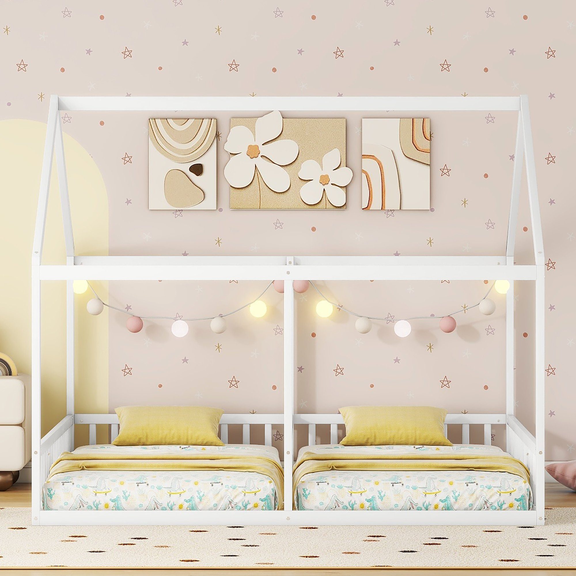 WISHDOR Kinderbett Funktionsbett Holzbett Einzelbetten, 2-in-1-Betten), ohne Weiß Matratze (flache 2-in-1-Betten Hausmodelle, Betten