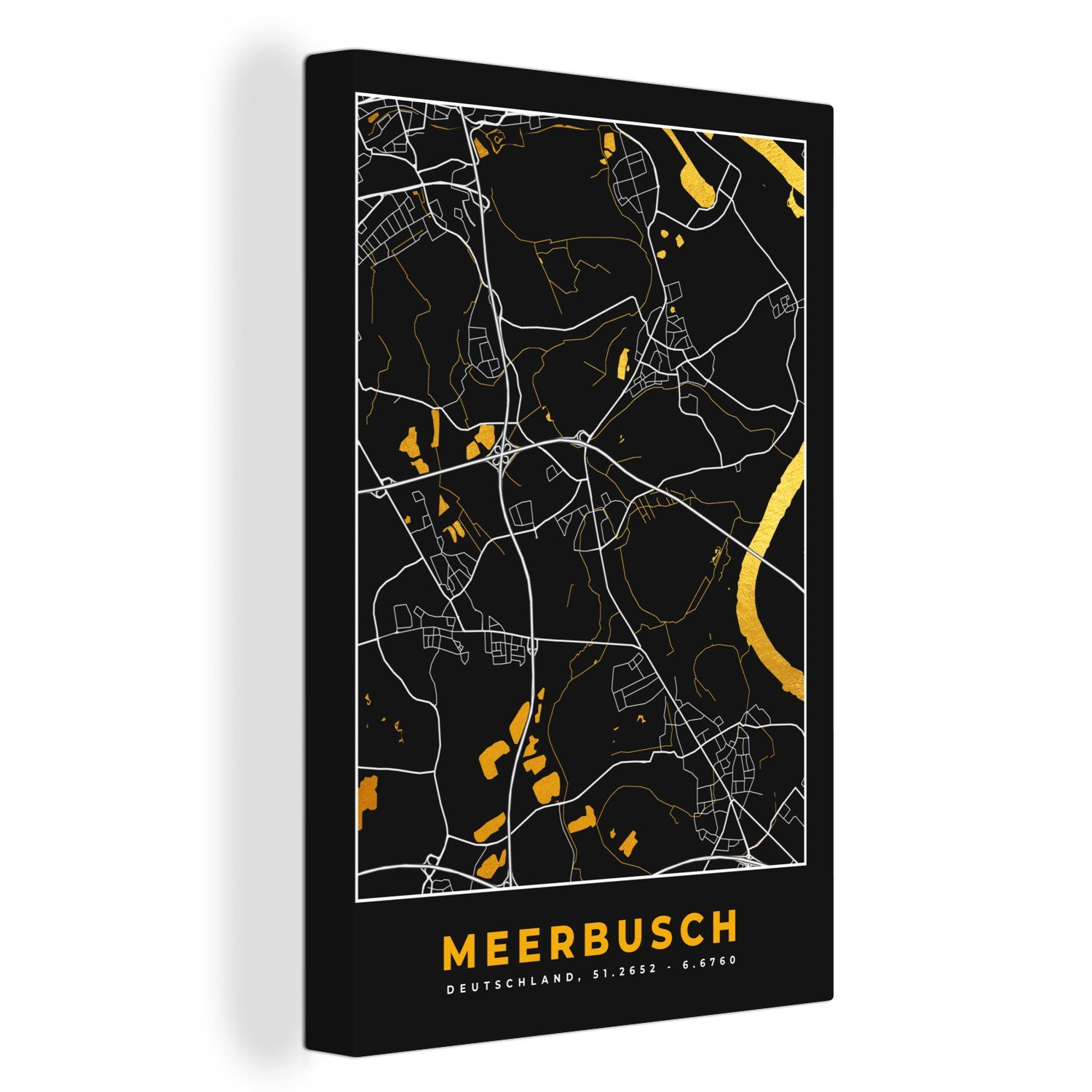 OneMillionCanvasses® Leinwandbild Stadtplan - Deutschland - Gold - Meerbusch - Karte, (1 St), Leinwandbild fertig bespannt inkl. Zackenaufhänger, Gemälde, 20x30 cm