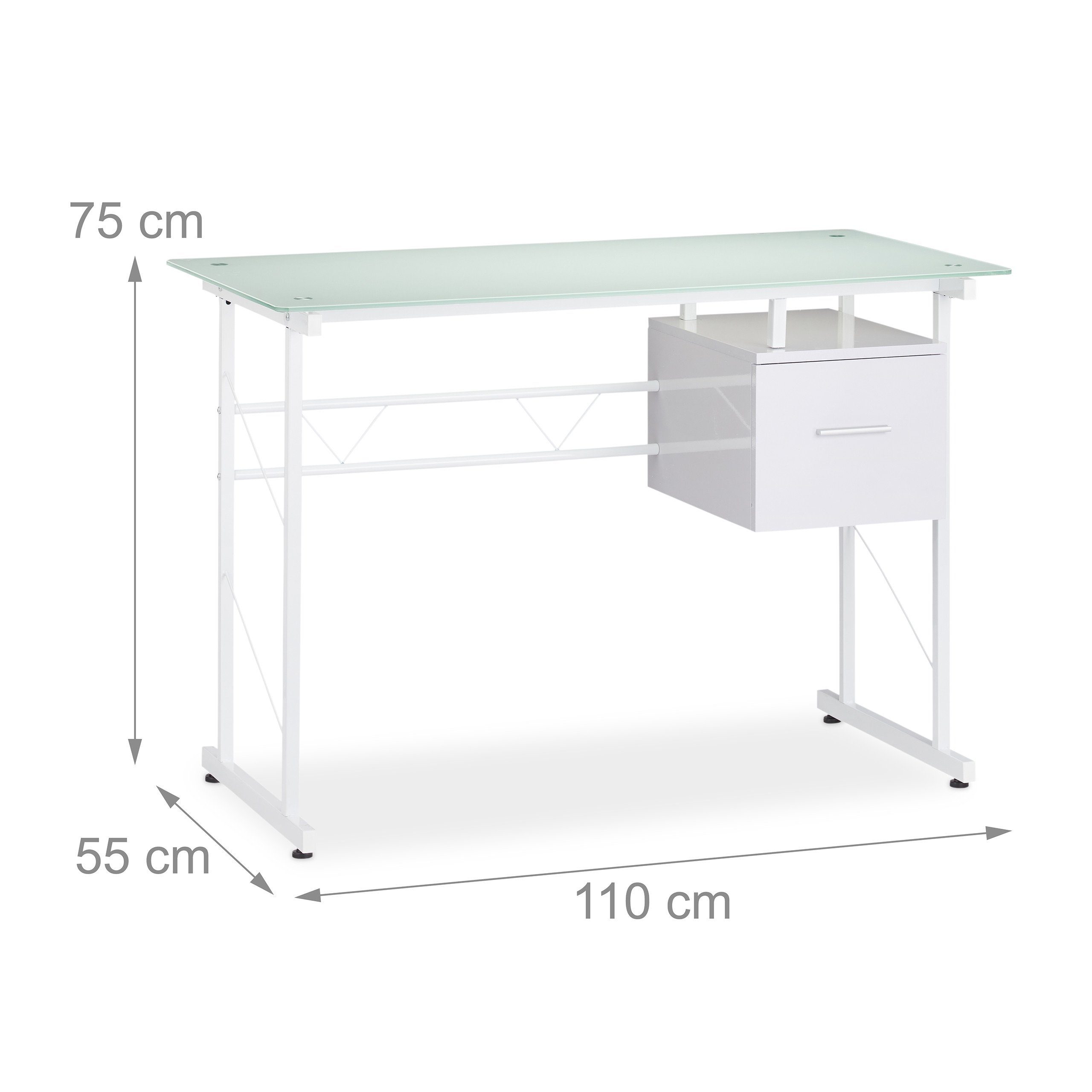 Schublade, relaxdays mit Weiß Schreibtisch Schreibtisch Glas