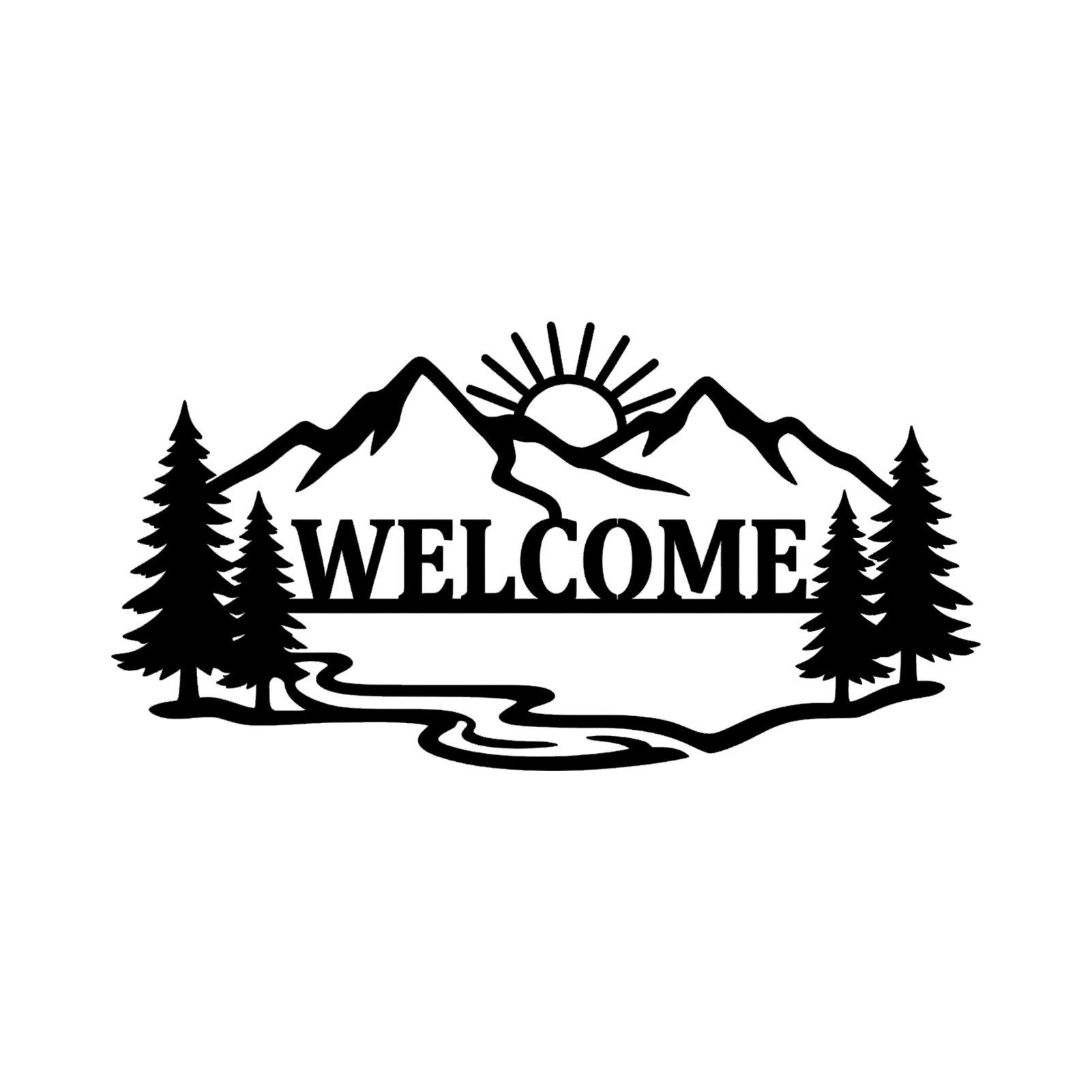Jumpeak Wanddekoobjekt Wanddekoration „WELCOME“ mit Bergmotiven, Kiefer,Sonne und Fluss,Natur, Metall,4 Farben,4 Größen, Retro-Landhausstil, Außenbereich, Restaurant