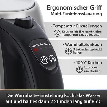 JUNG Wasserkocher CAMRY CR1253, Wasserkocher mit Temperatureinstellung 60-90°C Digital, 1,7 l, 2200,00 W, Glas mit Edelstahl, LED Innenbeleuchtung & LCD Display, 360° Basis