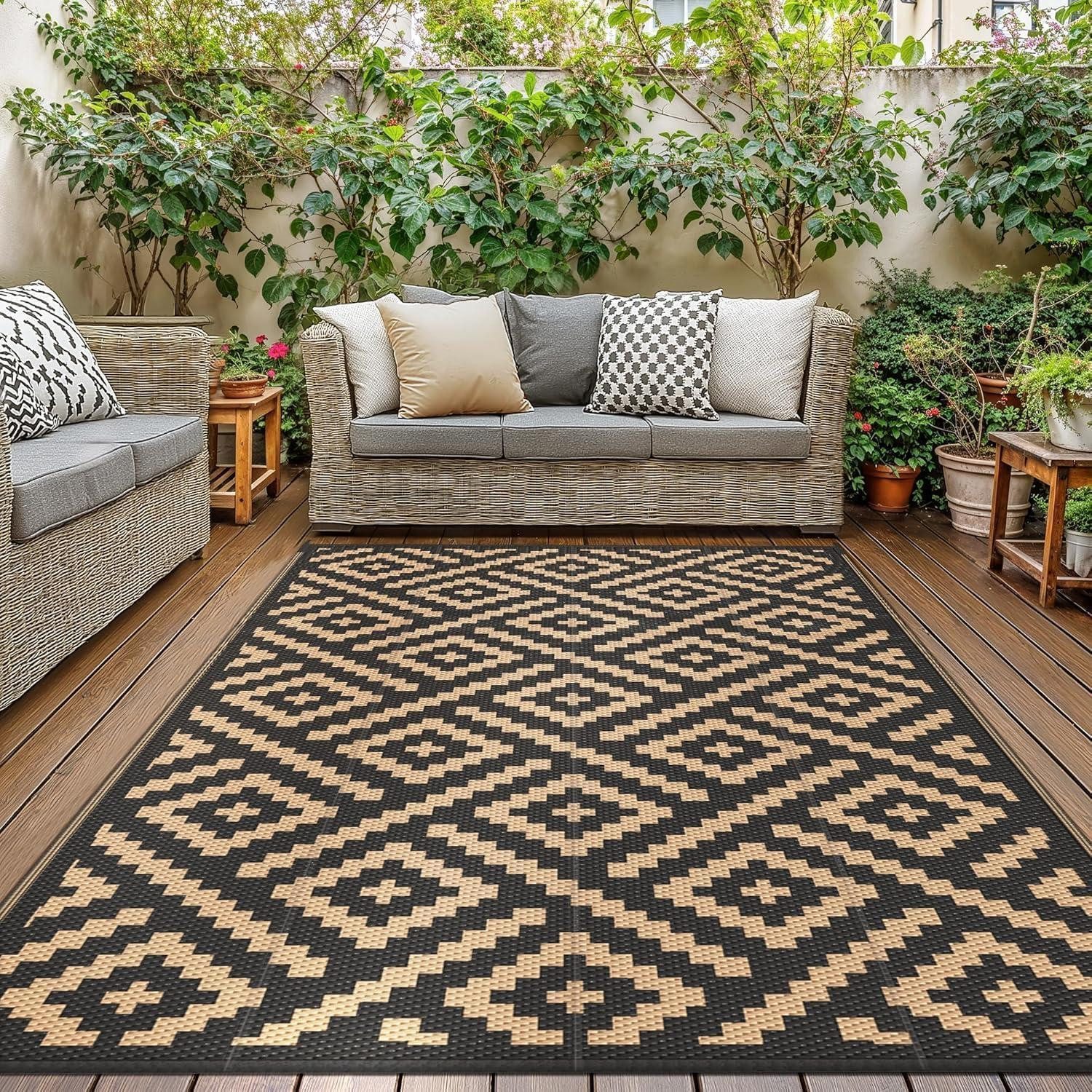 LuxusKollektion Outdoorteppich Outdoor Teppich 180x275cm Schwarz Braun Rautenmuster, rechteckig, Höhe: 10 mm