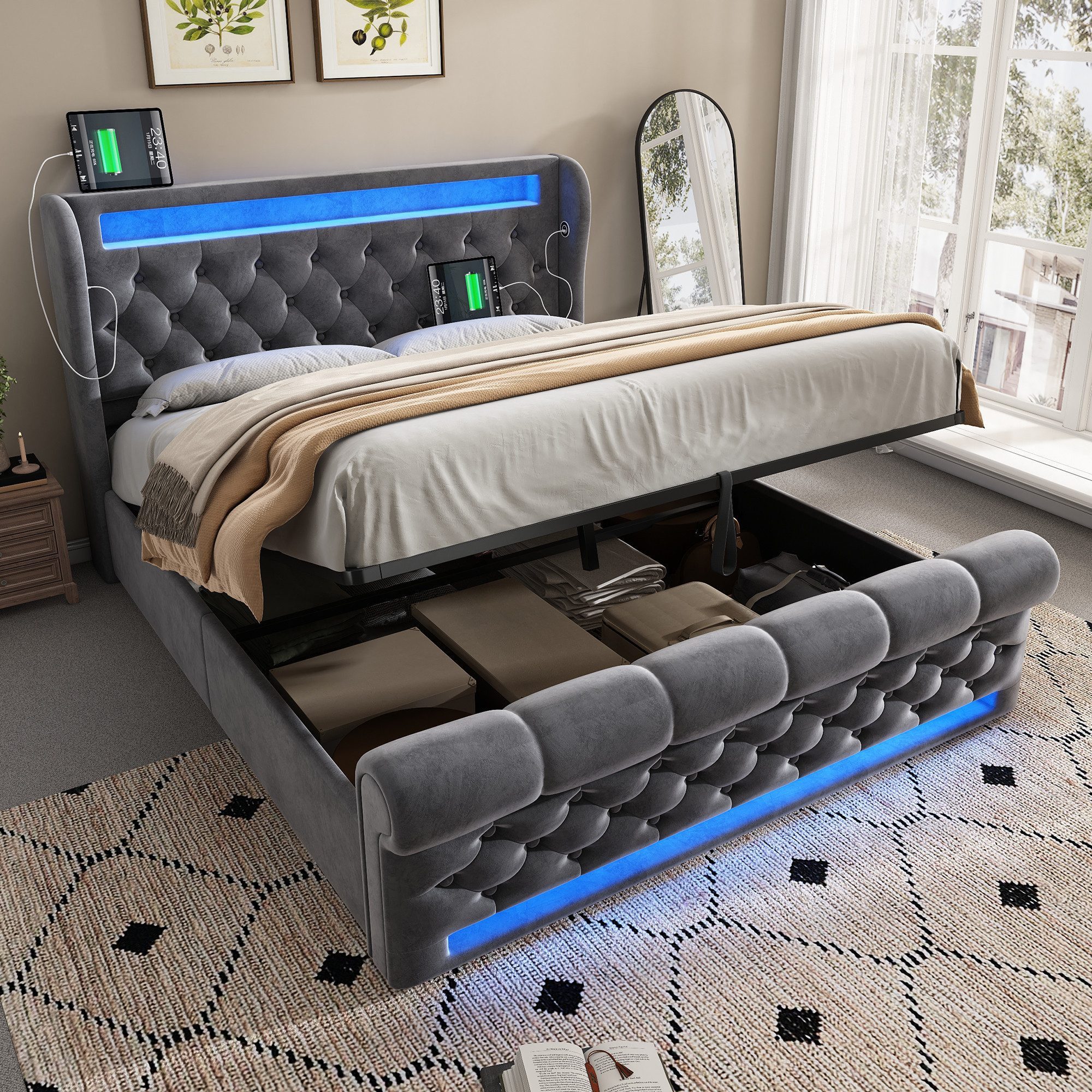 STILVORA Polsterbett 160x200 Doppelbett mit LED,Stauraumkopfteil,USB&TYPE-C günstig online kaufen