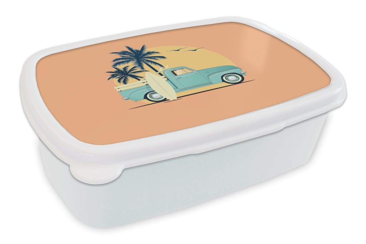 [Normaler Versandhandel im Laden] MuchoWow Lunchbox Palme Erwachsene, und Kinder und für Mädchen (2-tlg), - - für Jungs weiß Brotdose, Brotbox Surfbrett, Vogel Kunststoff, Bus 