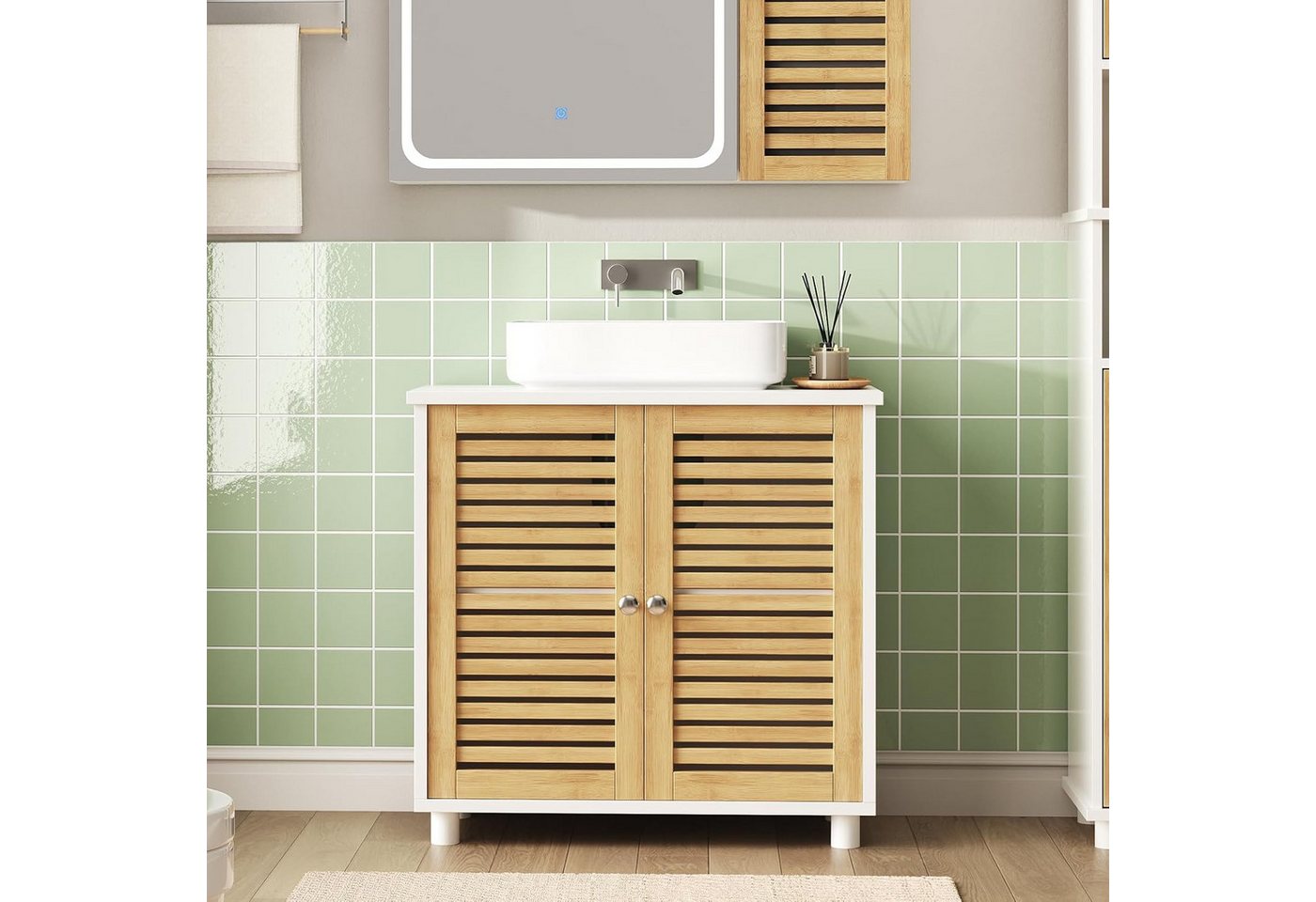 MSMASK Waschbeckenunterschrank Badezimmerschrank mit 2 Türen, Große Schublade, 30 x 60 x 65 cm, Weiß Offene Fächer an Einer Seite, Rechts Oder Links Austauschbar