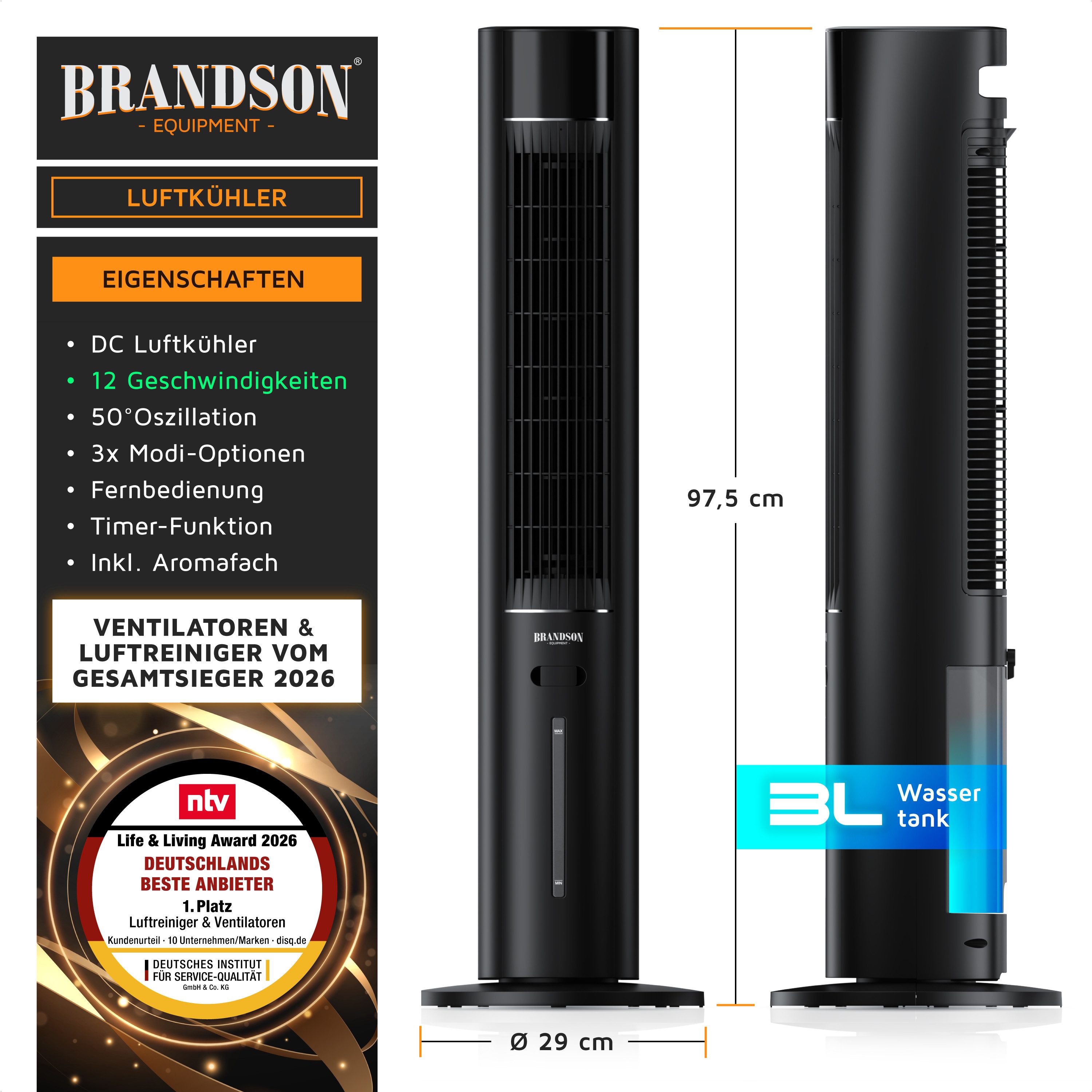 Brandson Ventilatorkombigerät Verdunstungskühler, Mobiler Luftkühler, 3L Wassertank, Luftbefeuchter, Sieger Life & Living Award 2026, 3 Modi, Autostopp, Timer, Lüfter 40W