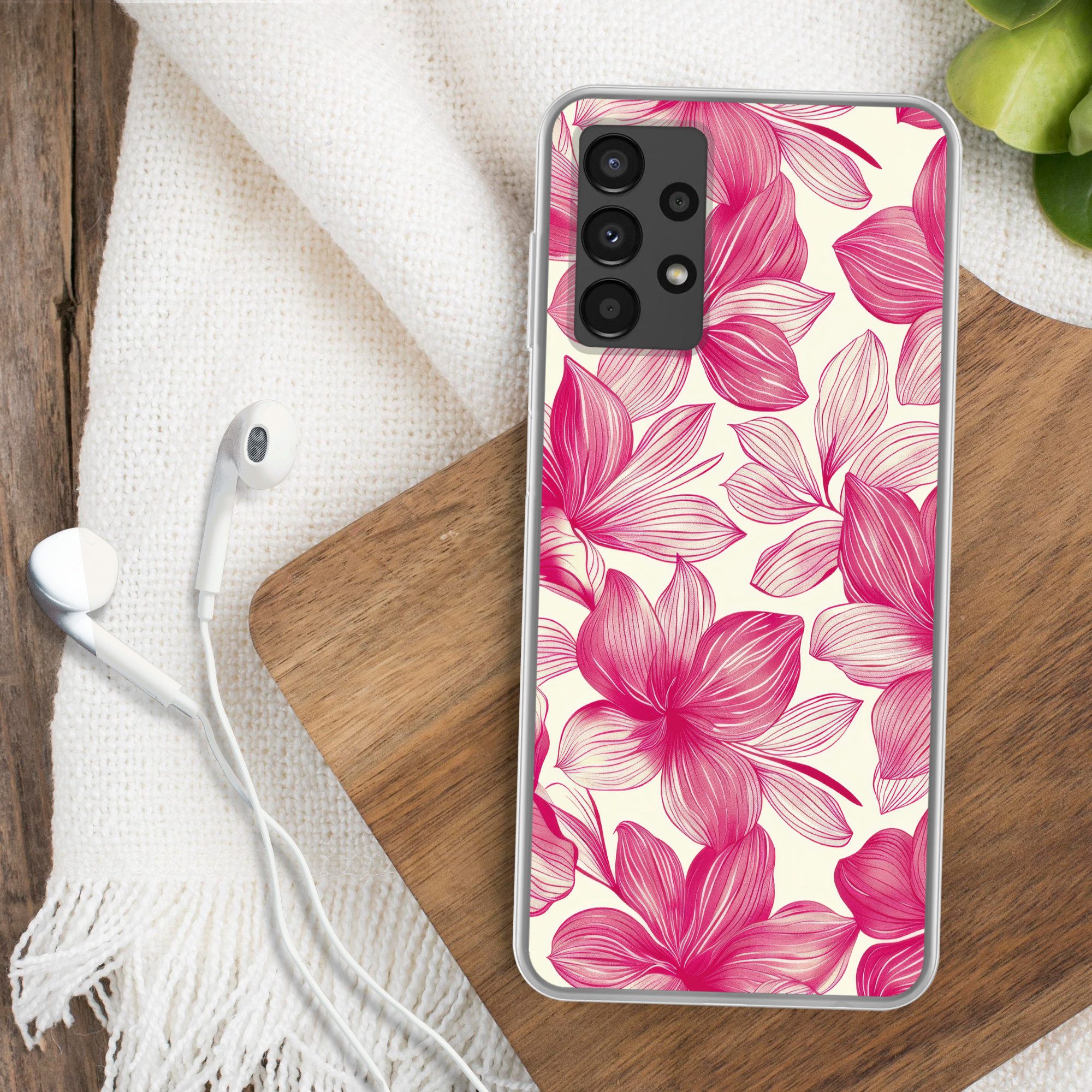 MuchoWow Handyhülle für Samsung Galaxy A13 4G Blumen - Muster - Rosa - Weiß, Smartphone-Bumper, Print, Handy Schutzhülle Dünn