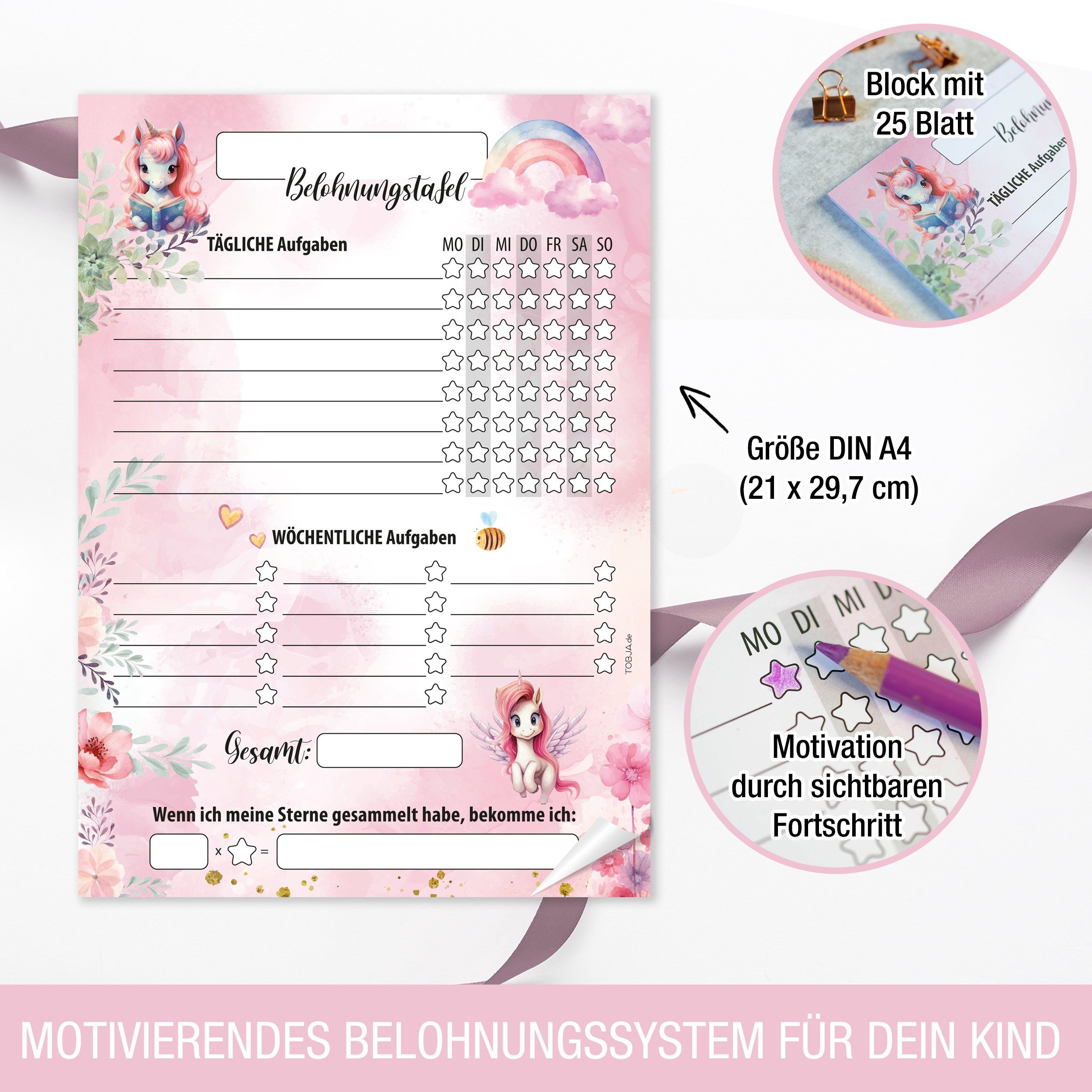 TOBJA Notizblock Belohnungstafel Kinder A4 Block Einhorn, Motiviert Kinder ab 3 Belohnungssystem