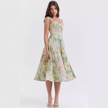 BlauWave Maxikleid Frauen Mode Floral Midi Kleid (1-tlg., Rückenfrei Spaghetti Strap V Ausschnitt) Cut Out Bodycon Sommerkleid