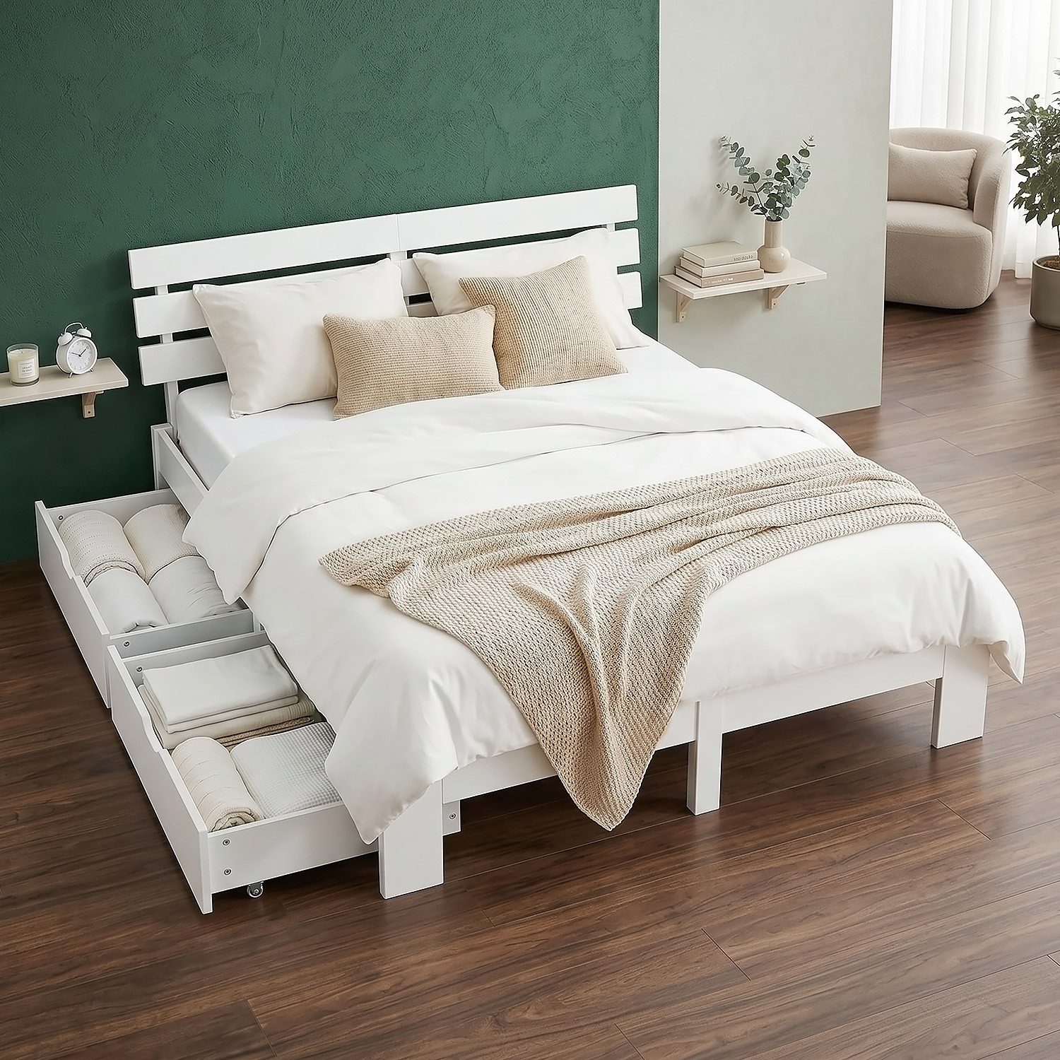 Homestyle4u Holzbett 90x200 140x200 160x200 180x200 mit / ohne Matratze Bettkasten (Set, mit Lattenrost und 2 Bettkästen, Stauraumbett), 140x200, Kiefer, mit Stauraum, Weiß, schlicht