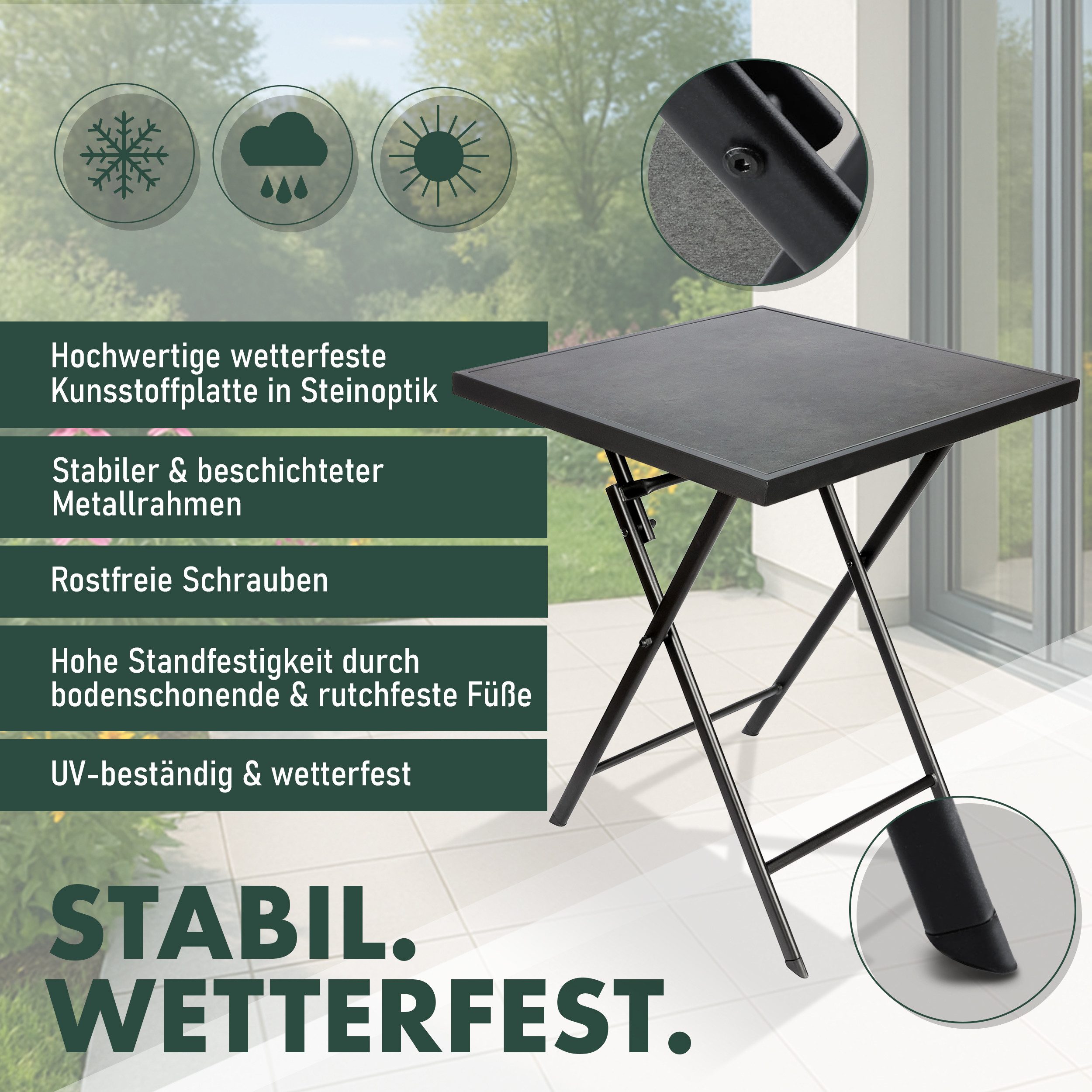 BRUBAKER Gartentisch Bergamo - 58 x 58 cm Balkontisch wetterfest (1-St., Campingtisch eckig mit Stein Optik - Klapptisch für Balkon, Terrasse), Metall Beistelltisch klappbar - Bistrotisch
