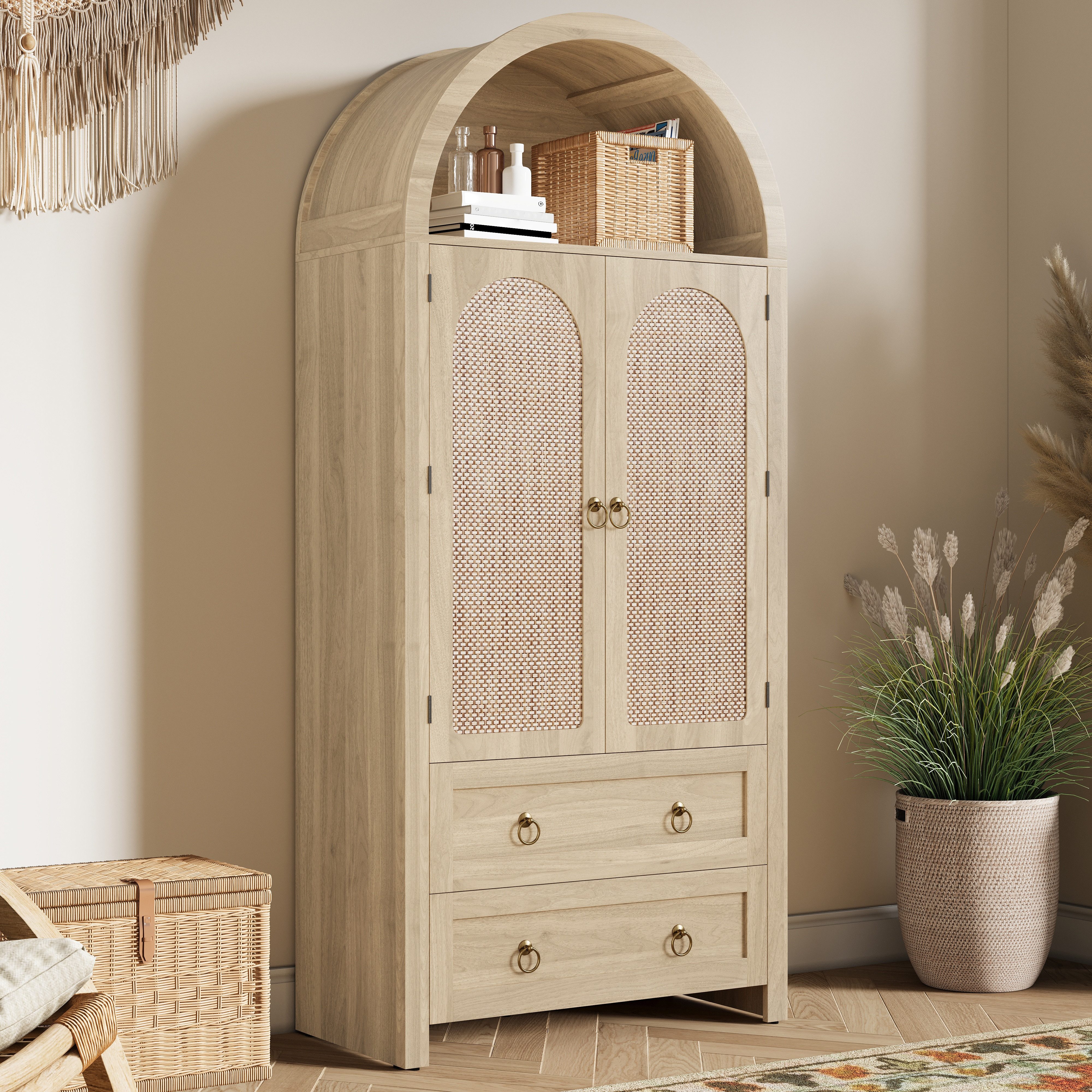 HAUSS SPOLE Kleiderschrank mit Doppelschubladen,Garderobenschrank im Korbgeflecht-Bogenstil (Garderobenschrank Mehrzweckschrank mit Metallgriff und Rattan-Geflecht Türen) Aufbewahrungsschrank mit mehrteiligen Schrankfächern