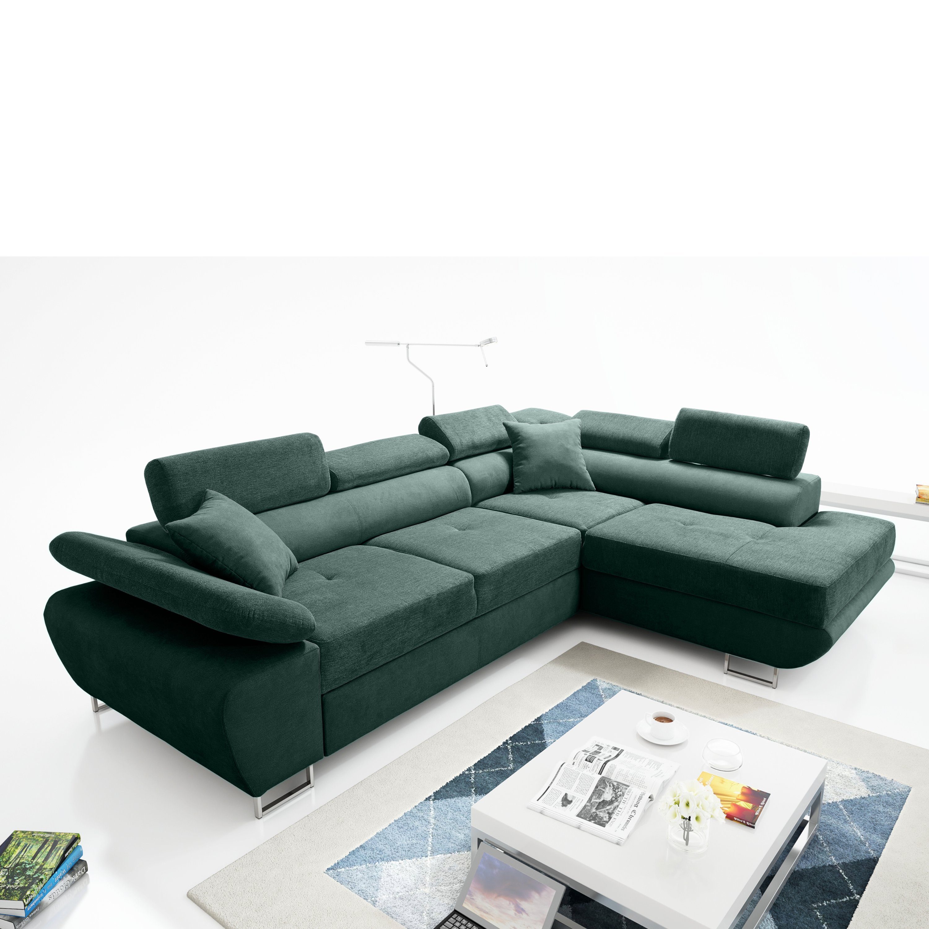 Ecksofa Schlaffunktion Wenus robin BOOTLE Verstellbare Bettkasten GREEN Premium Kopfstützen Sofa
