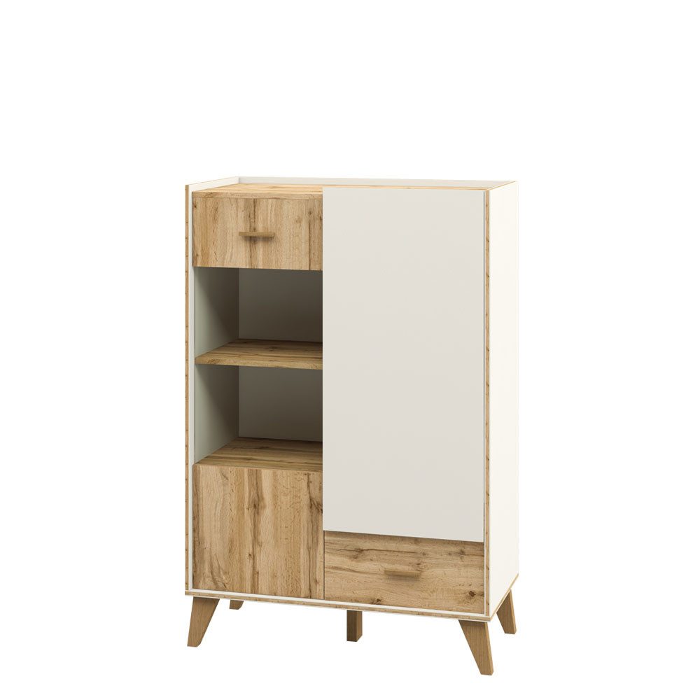 Feldmann-Wohnen Highboard Skandi (mit Türen, mit Einlegeböden, mit Glaseinsatz, 1 St., moderne Optik, mit Türen, mit Einlegeböden, mit Glaseinsatz), 81x40x132cm weiß / Eiche Wotan 2-türig