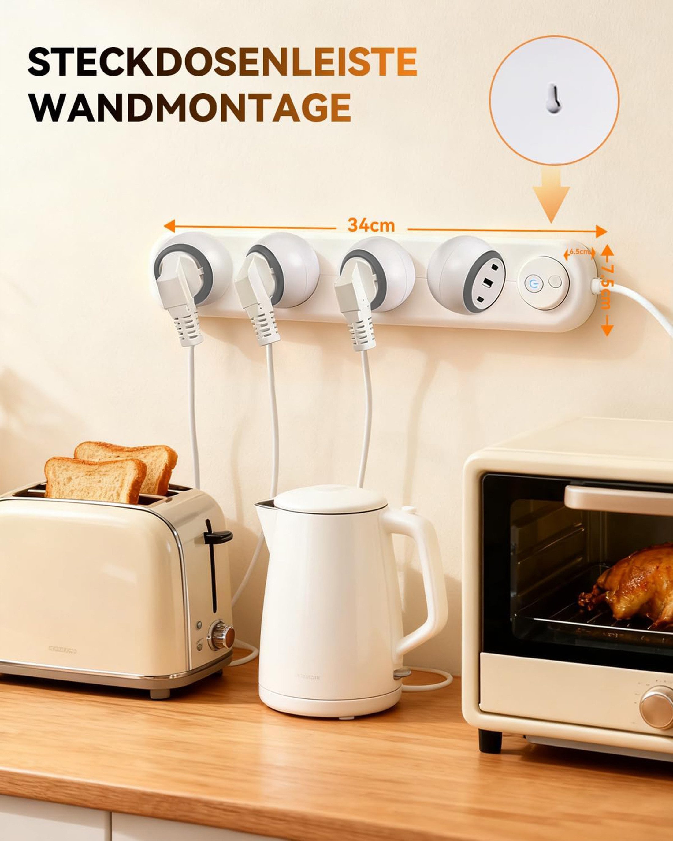 Luckice 360° drehbare Steckdosenleiste 3-Fach mit 3 USB(2 USB-C + 1 USB-A) Steckdosenleiste 3-fach (Schalter & LED Stimmungslicht, Wandmontage, Mehrfachsteckdos – Bild 2 von 5