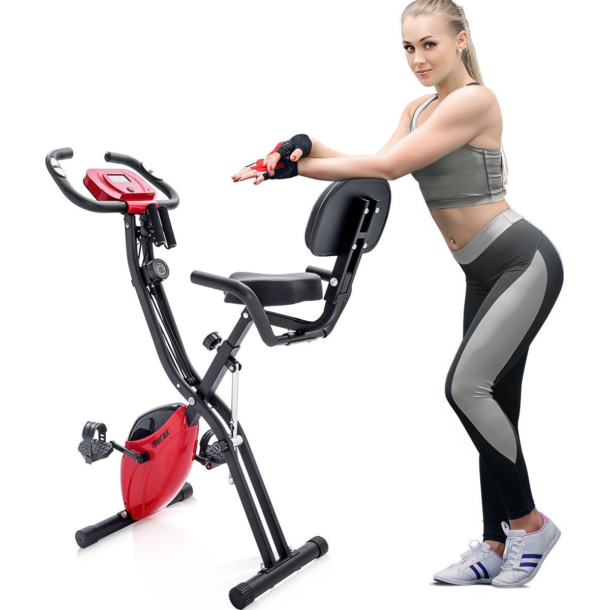 Merax Fahrradtrainer Magnetische Faltbares Fitnessfahrrad, Heimtrainer Speedbike Indoor Cycling mit LCD Anzeige und Widerstandsbänder (brustgurt, Handyhalter) Rot