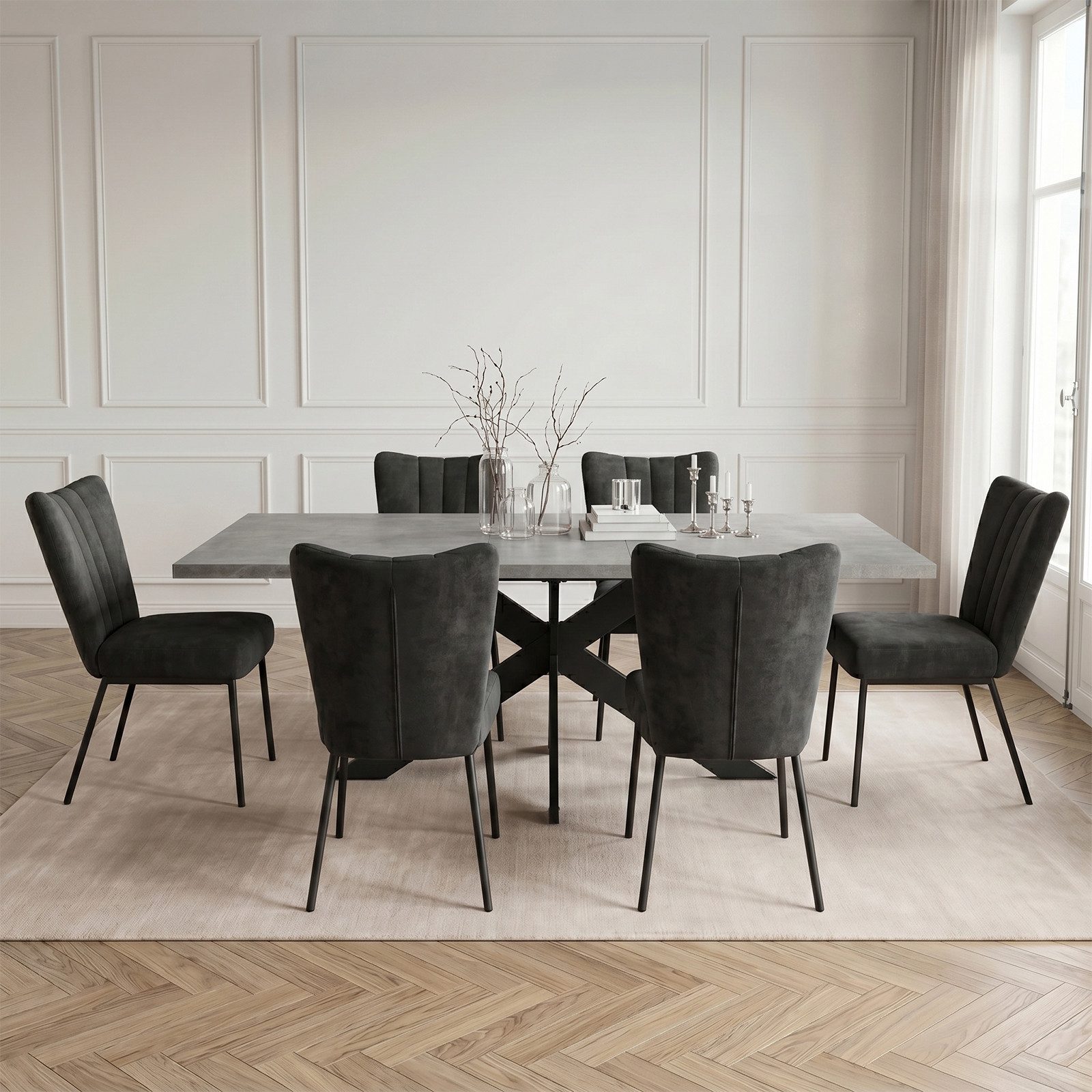 Jiexi Essgruppe Esstisch Ausziehbar 160-200cm mit Samtstühlen Metallbeine – Bild 2 von 5