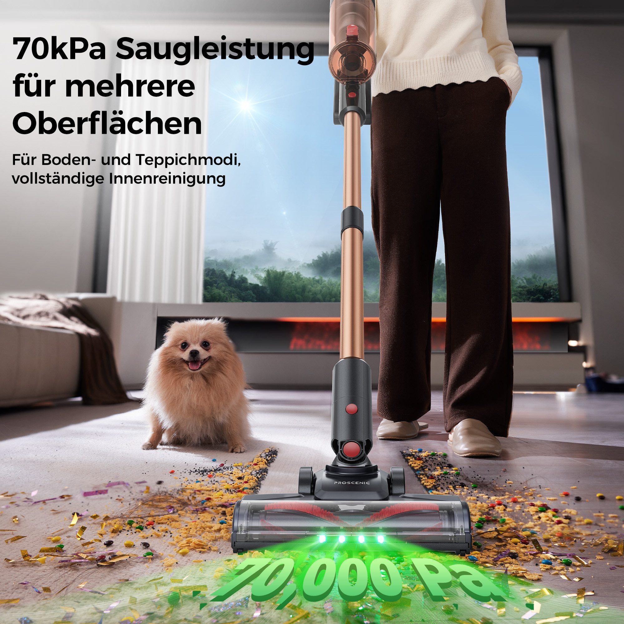 Proscenic Akku-Hand-und Stielstaubsauger 70kPa 550W Akku Staubsauger,50 Min,Grünes Licht Sichtbares Staub, 550 W, beutellos, 5in1 Filtersystem,Leise & Kabellos für Tierhaare,Boden,Teppich