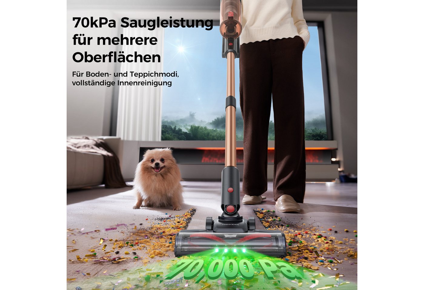Proscenic Akku-Hand-und Stielstaubsauger 70kPa 550W Akku Staubsauger,50 Min,Grünes Licht Sichtbares Staub, 550 W, beutellos, 5in1 Filtersystem,Leise & Kabellos für Tierhaare,Boden,Teppich