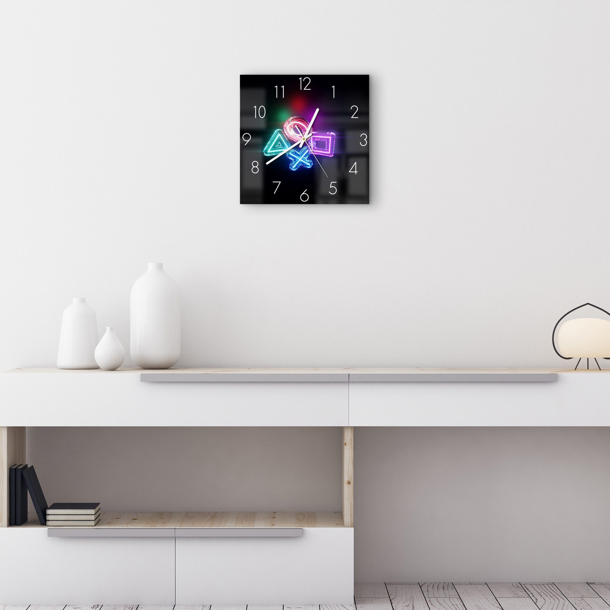 DEQORI Wanduhr 'Neon Gaming Symbole' (Glas Glasuhr modern Wand Uhr Design Küchenuhr)