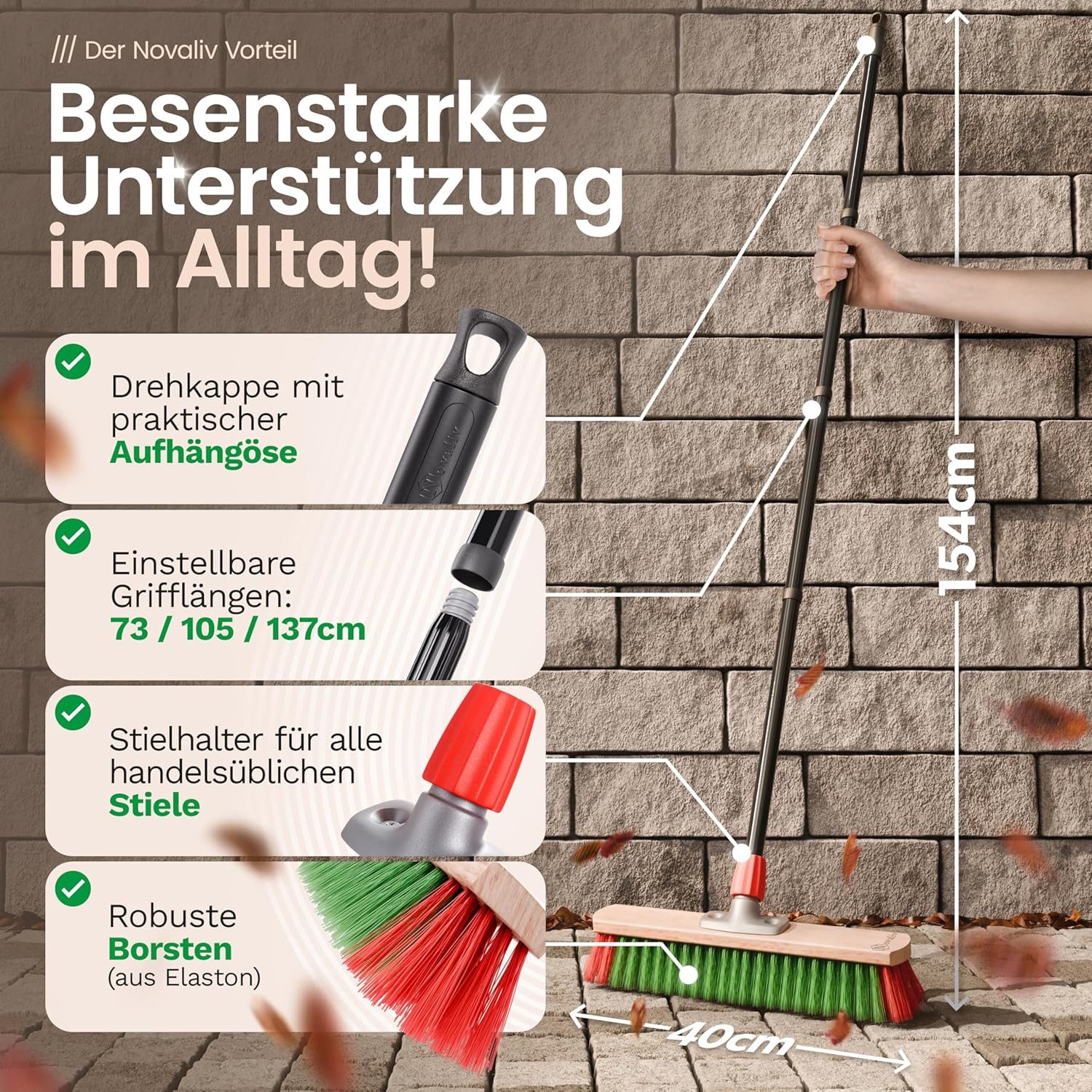 Novaliv Kehrgarnitur 19435-30656-2x, (2-tlg), Novaliv 2X Gartenbesen 40 cm mit Stiel draußen Elaston Borsten Ideal a