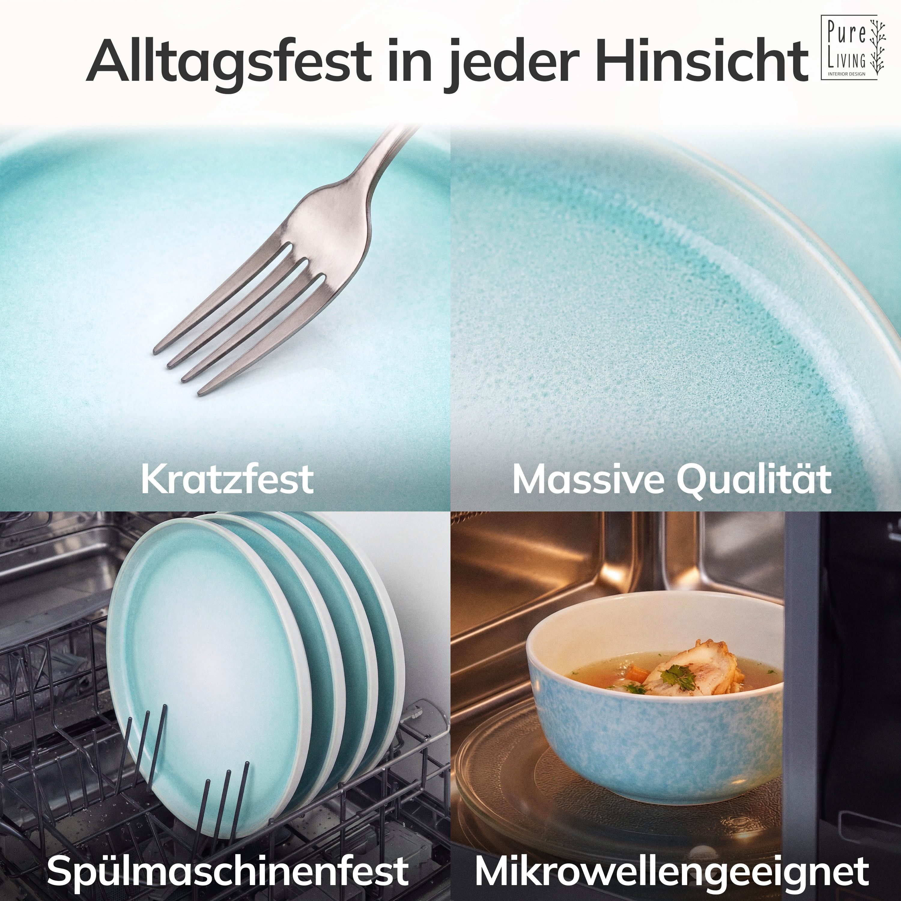 PURE LIVING INTERIOR DESIGN Geschirr-Set Ibiza, 6er-Set Suppenteller, 20 cm, Riffelstruktur, Türkis (6-tlg), 6 Personen, Steingut – Bild 4 von 5