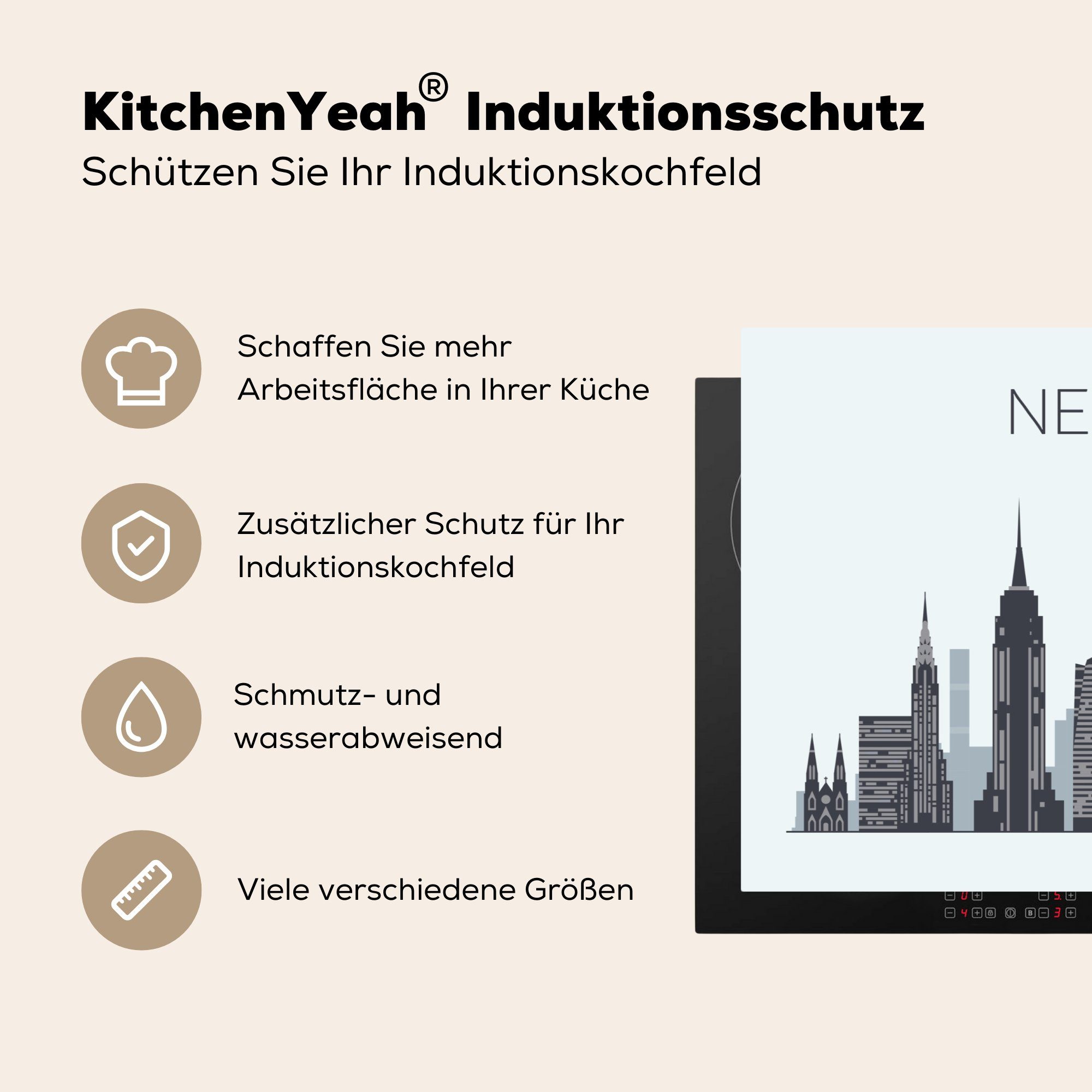 Skyline, Vinyl, cm, Induktionskochfeld Herdblende-/Abdeckplatte tlg), Amerika Ceranfeldabdeckung die - New Schutz (1 81x52 - York MuchoWow für küche,