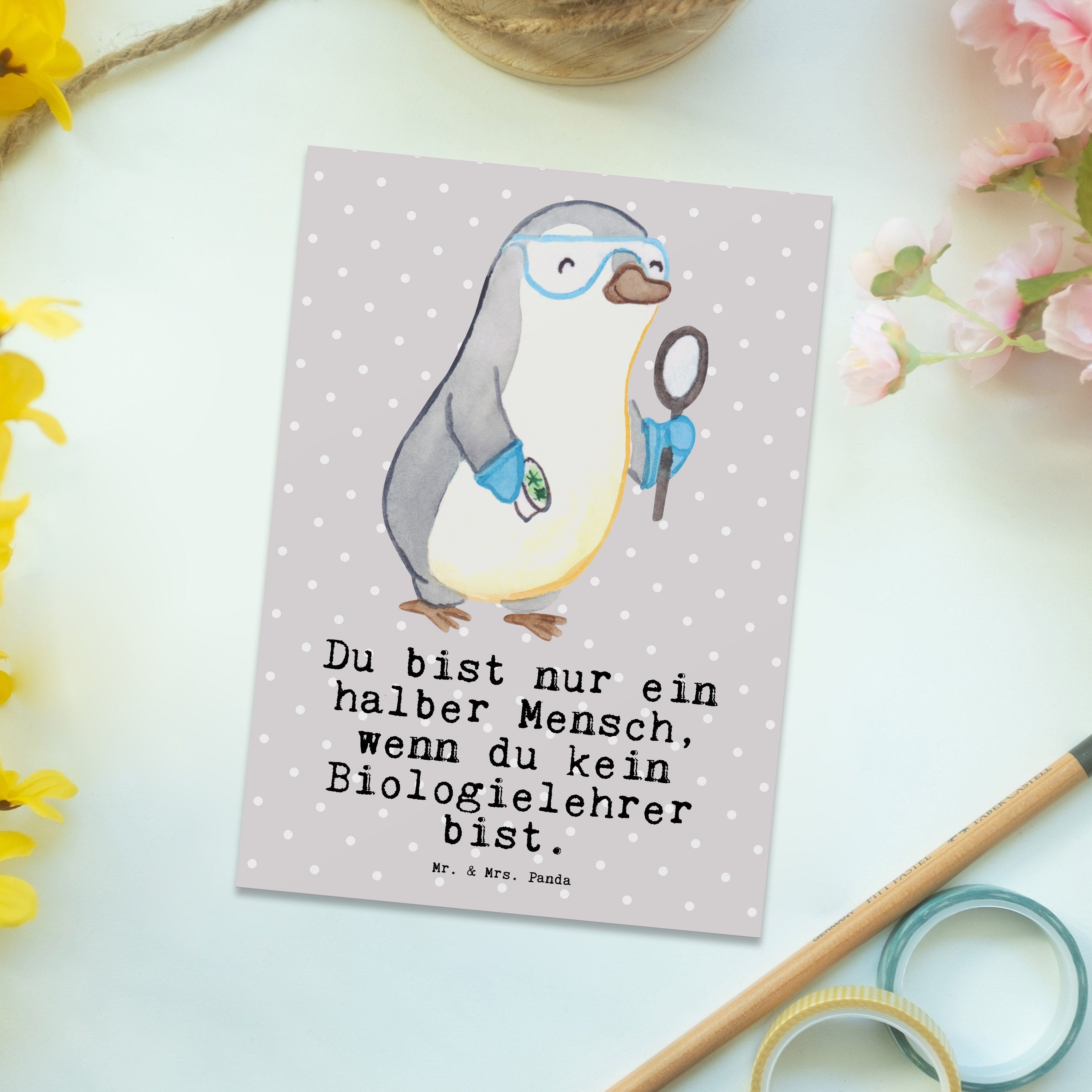 Mr. & Mrs. Panda Postkarte - Herz Grußkart Grau Geschenk, Pastell - Schenken, Biologielehrer mit