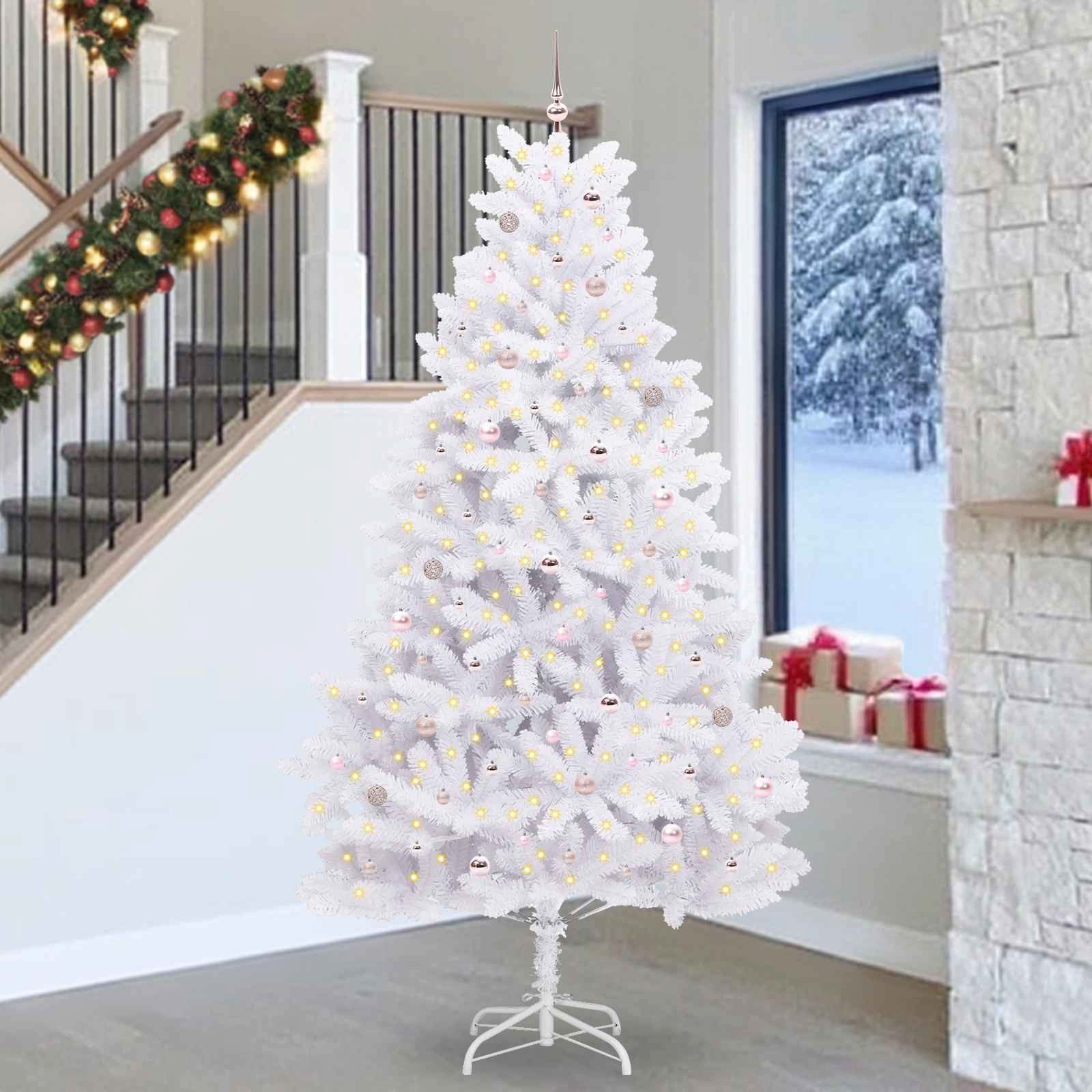 furnicato Künstlicher Weihnachtsbaum 270 cm Weihnachtsbaum Weiß PVC Stahl LED-Beleuchtung, Rosa LED-Beleuchtung Kunstbaum klappbar für dein Wohnzimmer