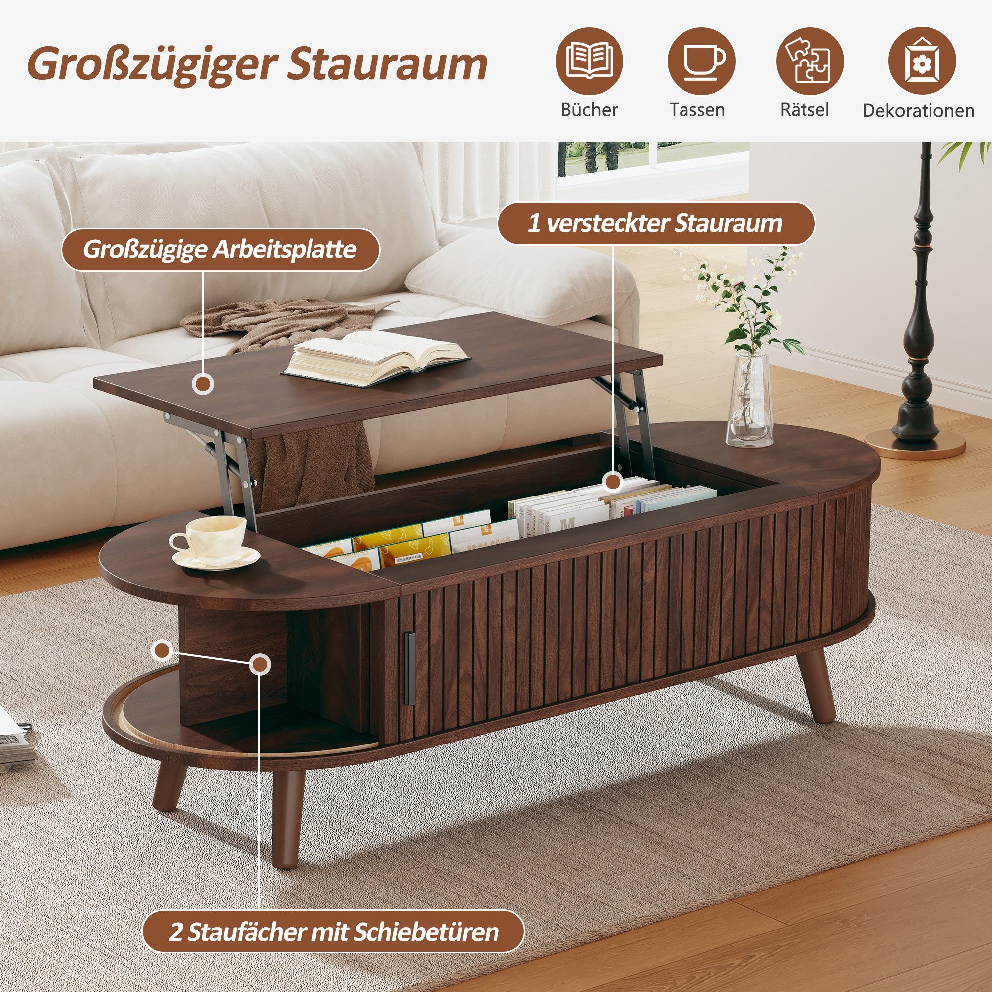 Merax Couchtisch anhebbarer Sofatisch mit Liftfunktion im Walnuss-Design (1-St., 120x50x39,5cm), Wohnzimmertisch mit verstecktem Stauraum, 5 Ablagefächern & Hol – Bild 5 von 5