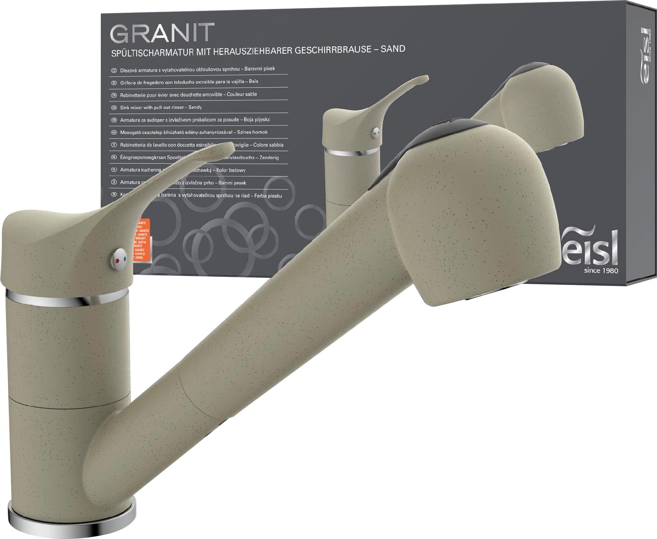 Eisl Spültischarmatur GRANIT herausziehb. 2-fach verstellb. Geschirrbrause, schwenkb. Auslauf 360° Granit Sand