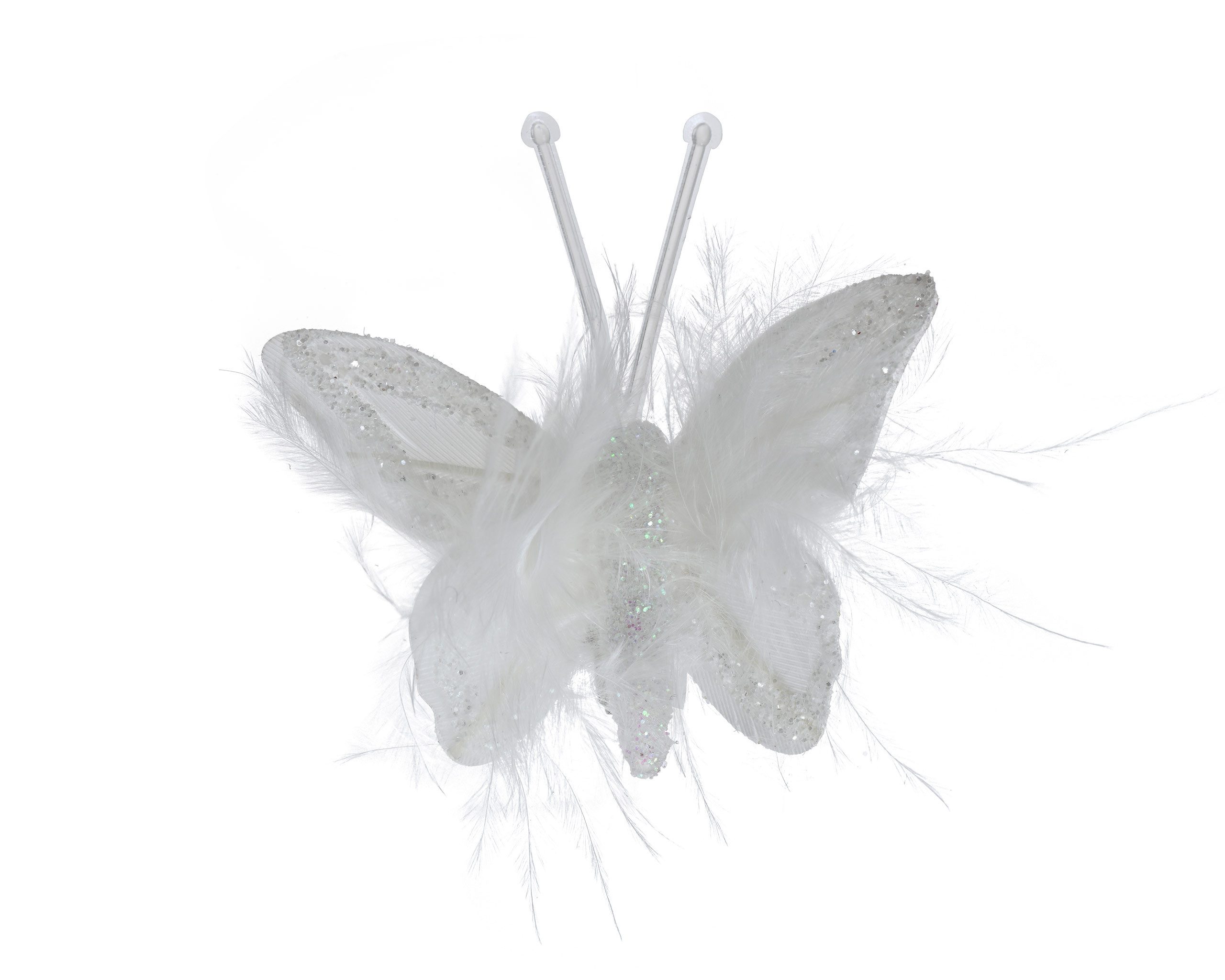 Kaemingk Christbaumschmuck, Schmetterling mit Federn & Clip 5cm 4er Set Winterweiß