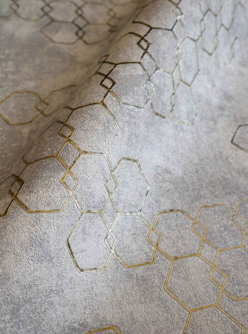 Newroom Vliestapete, Grau Tapete Leicht Glänzend Modern - Mustertapete Metalic Gold Hexagon Grafisch für Schlafzimmer Wohnzimmer Küche