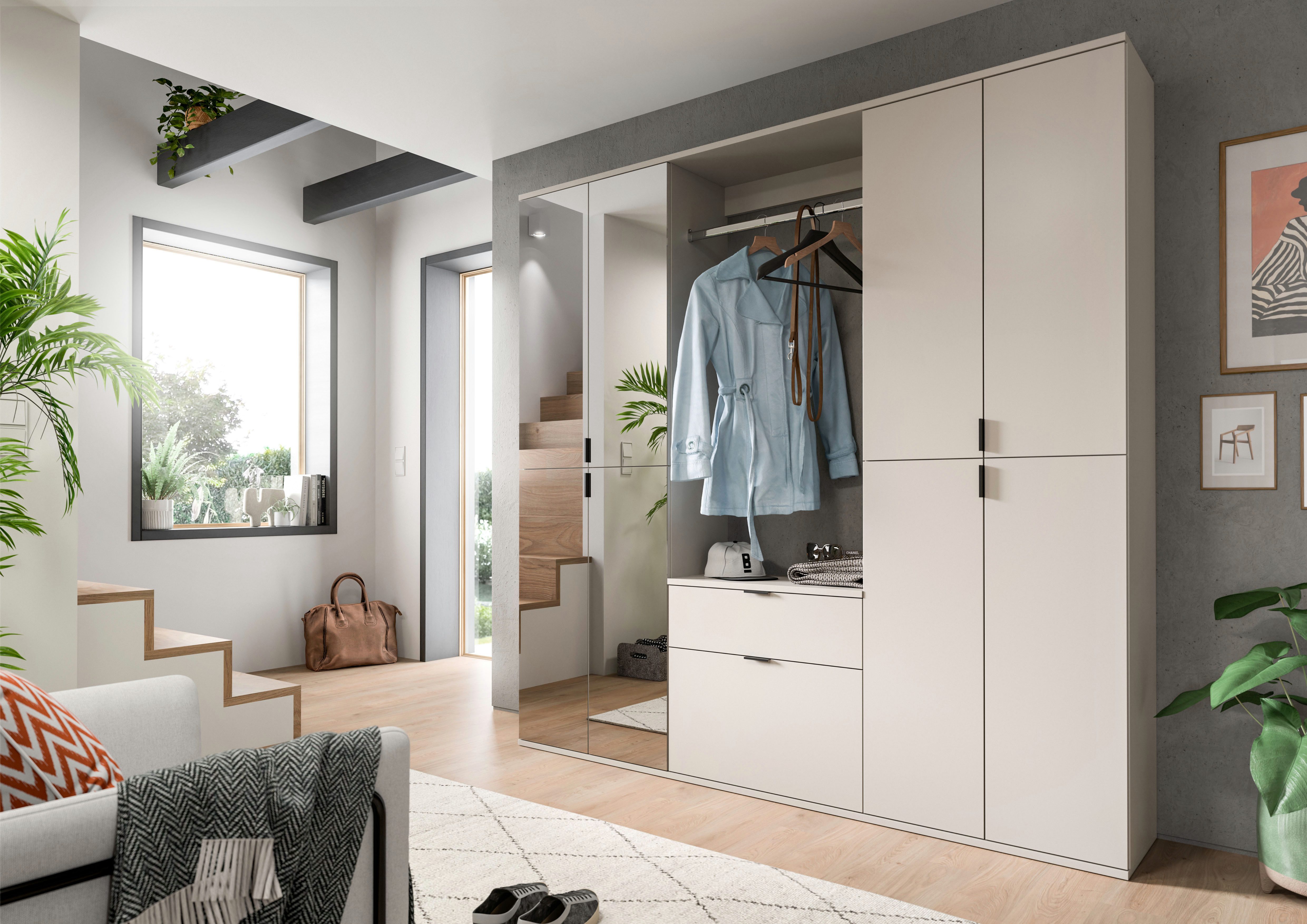 Home affaire Garderoben-Set TRONDHEIM, 5-teilig, Breite 183cm, individuell platzier- & erweiterbar, (Set, 4-St., bestehend aus: 2x Garderobenschrank breit & 3-tlgs. Zwischenbauelement), Garderobenschrank, Kleiderschrank, Schrankkombination, Garderobe