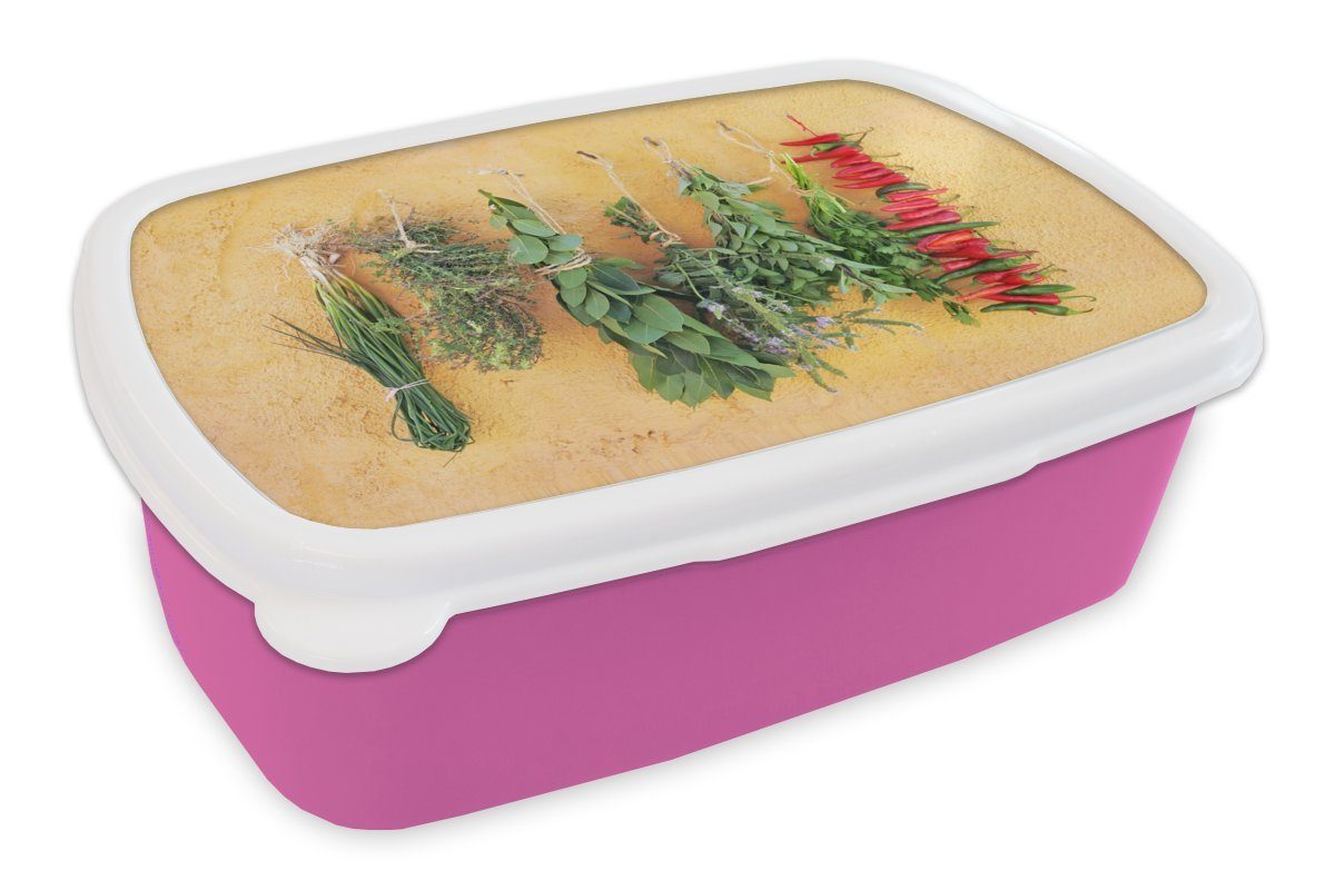 MuchoWow Lunchbox Mediterrane Kräuter, Kunststoff, (2-tlg), Brotbox für Erwachsene, Brotdose Kinder, Snackbox, Mädchen, Kunststoff rosa
