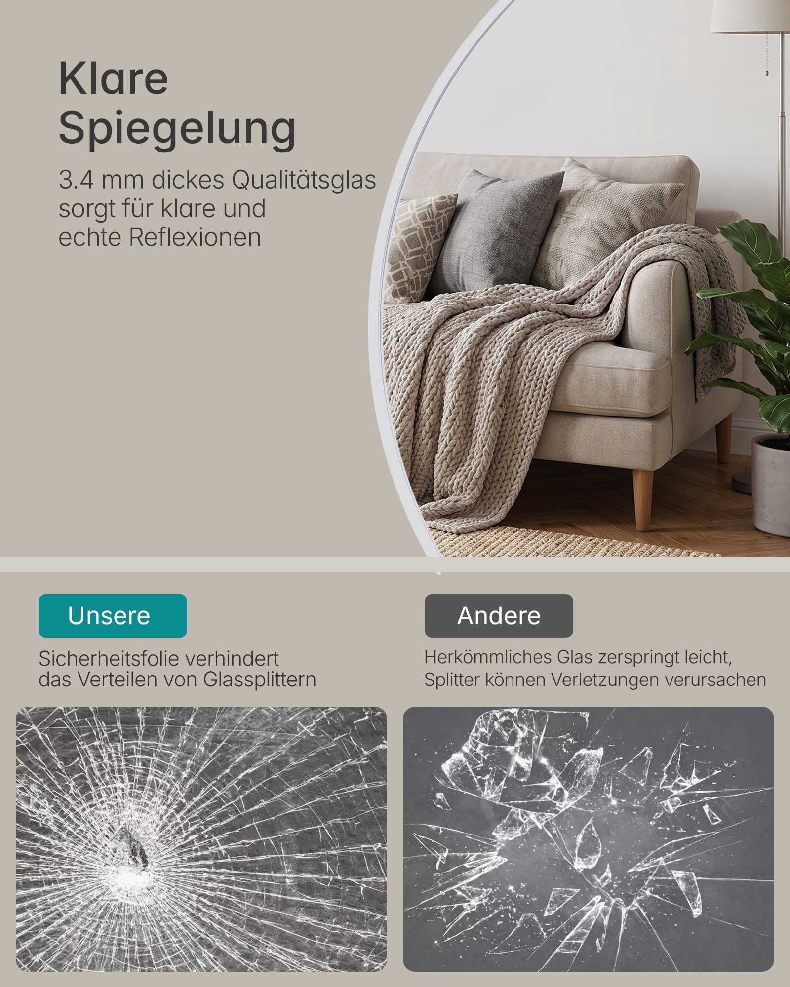 OTTO home Spiegel Wandspiegel Addrik, wahlweise in 2 Größen 60x60cm oder 80x80cm (Rahmen aus Metall, Aluminium), runde Form, in verschiedenen Farben – Bild 5 von 5