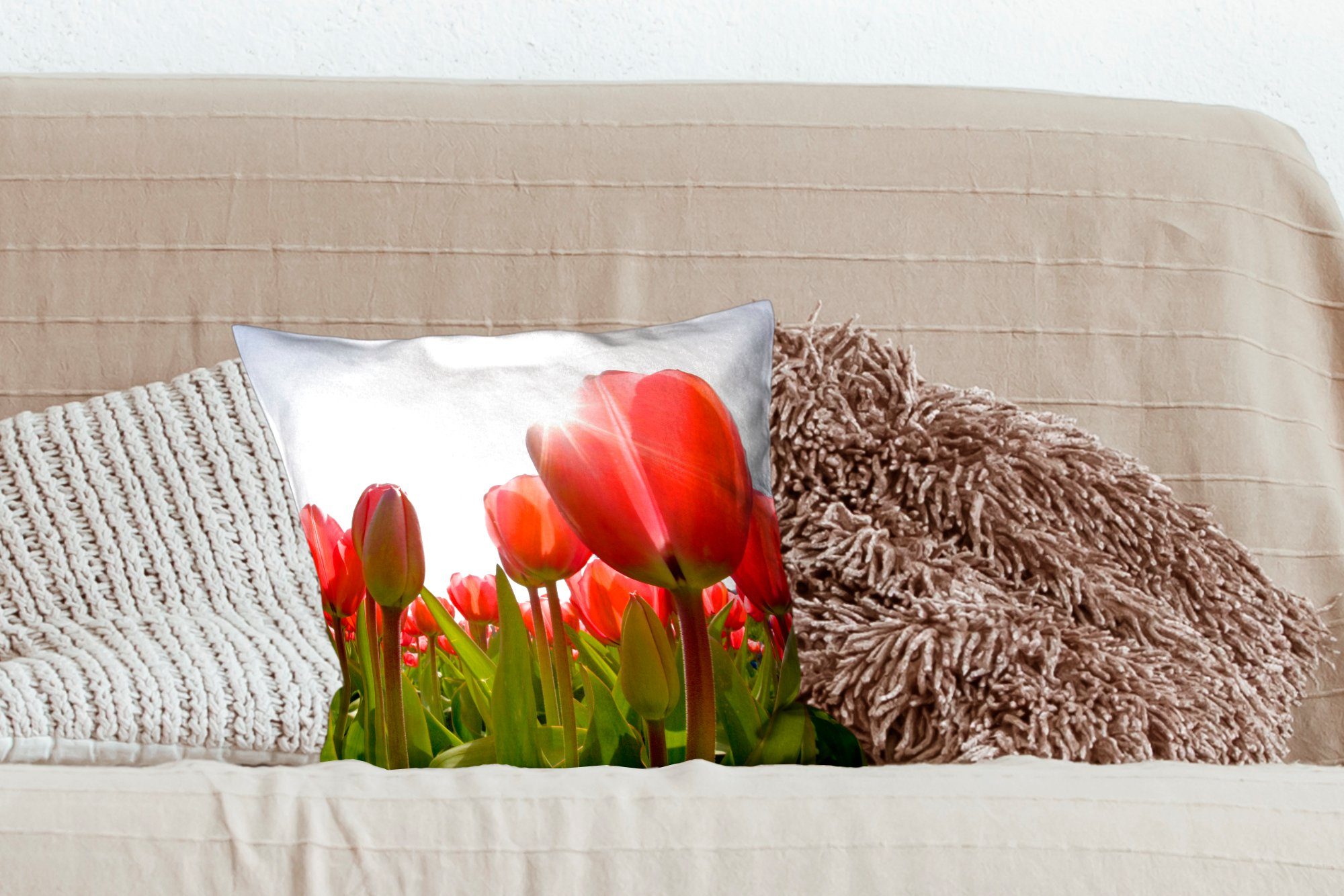 MuchoWow - Füllung Blumen Schlafzimmer, Wohzimmer, Deko, Tulpen Zierkissen Sofakissen Sonne, mit - für Dekokissen