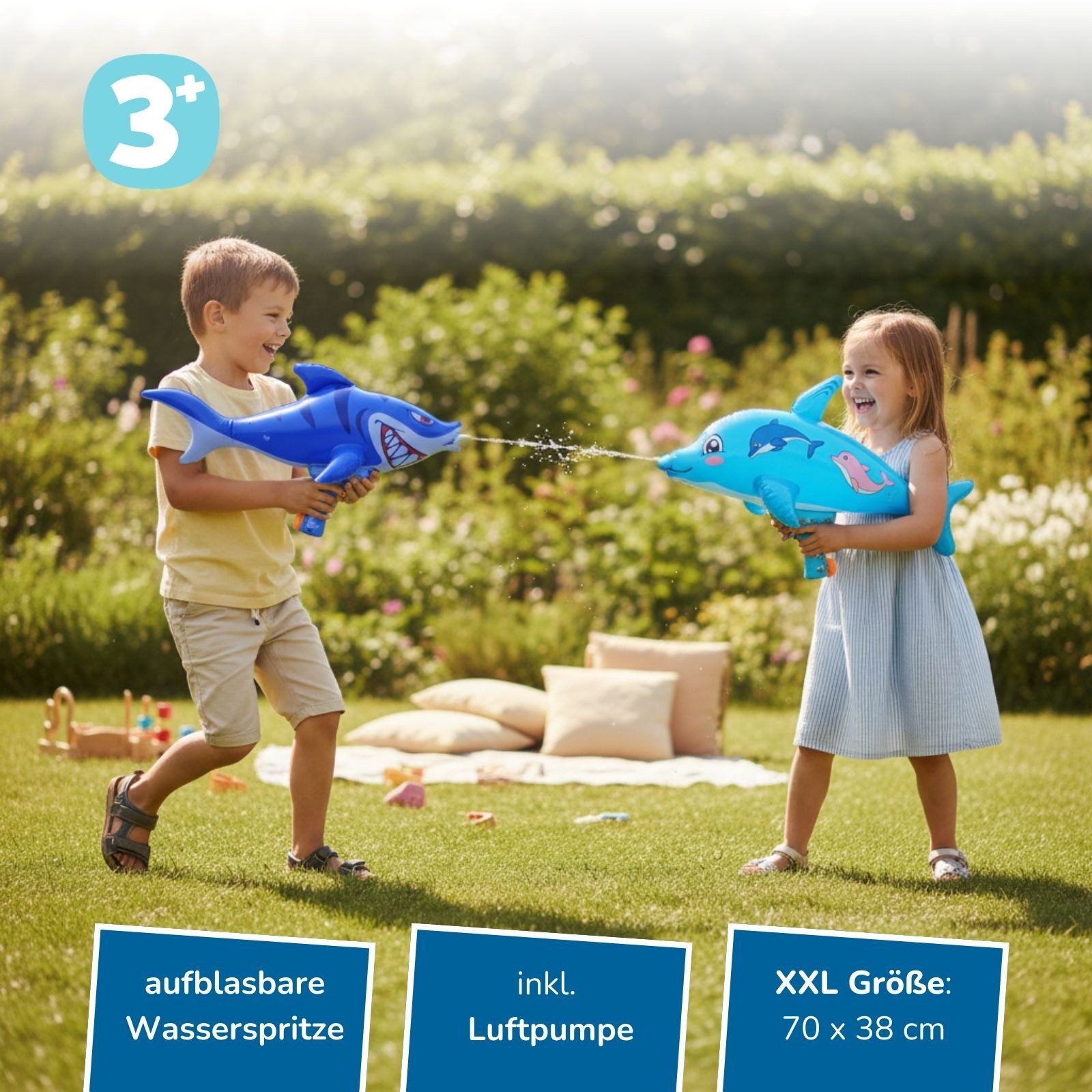 alldoro Wasserpistole Hai 70 cm groß, aufblasbare Wasserspritze für Kinder ab 3 Jahren, Aufblasbares Wasserspritztier inkl. Luftpumpe, für Garten & Pool